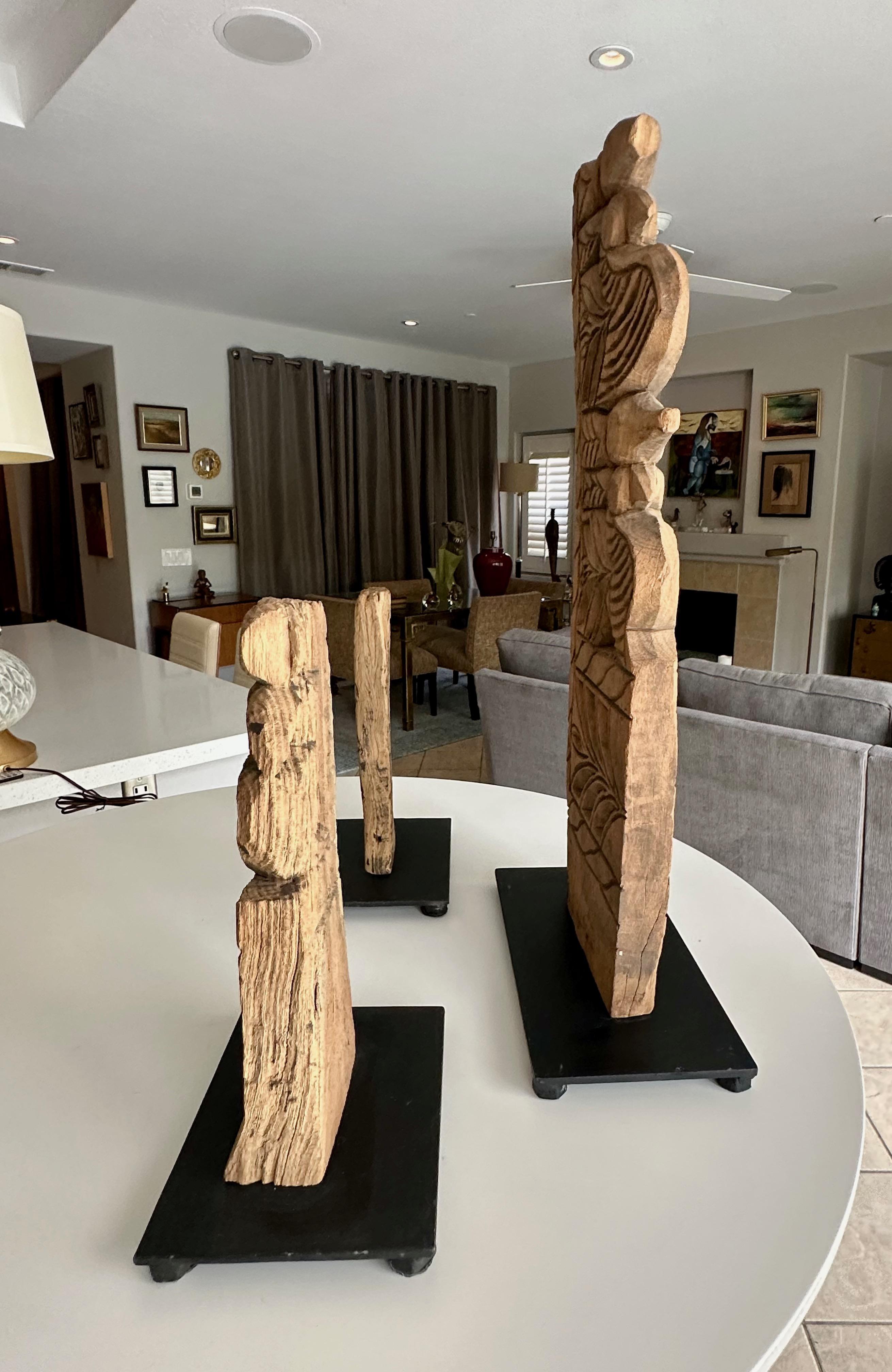 Trio Antique Architectural Carved Wood Fragments on Stands For Sale 2
