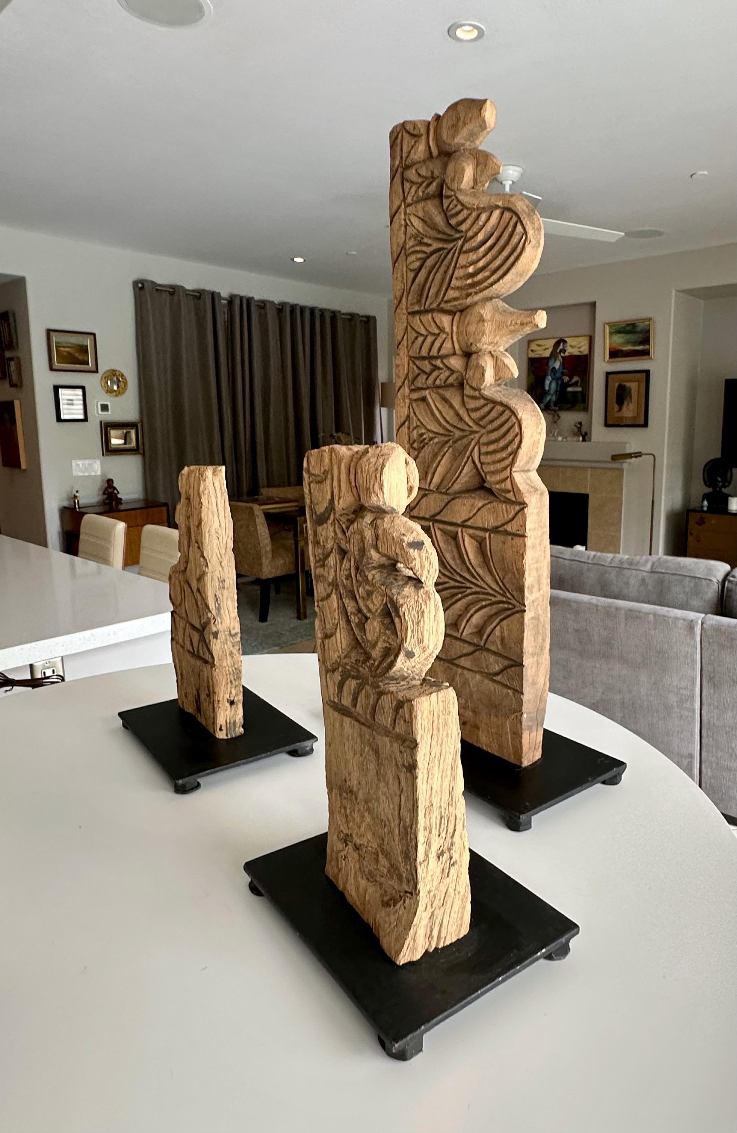 Trio Antique Architectural Carved Wood Fragments on Stands For Sale 3