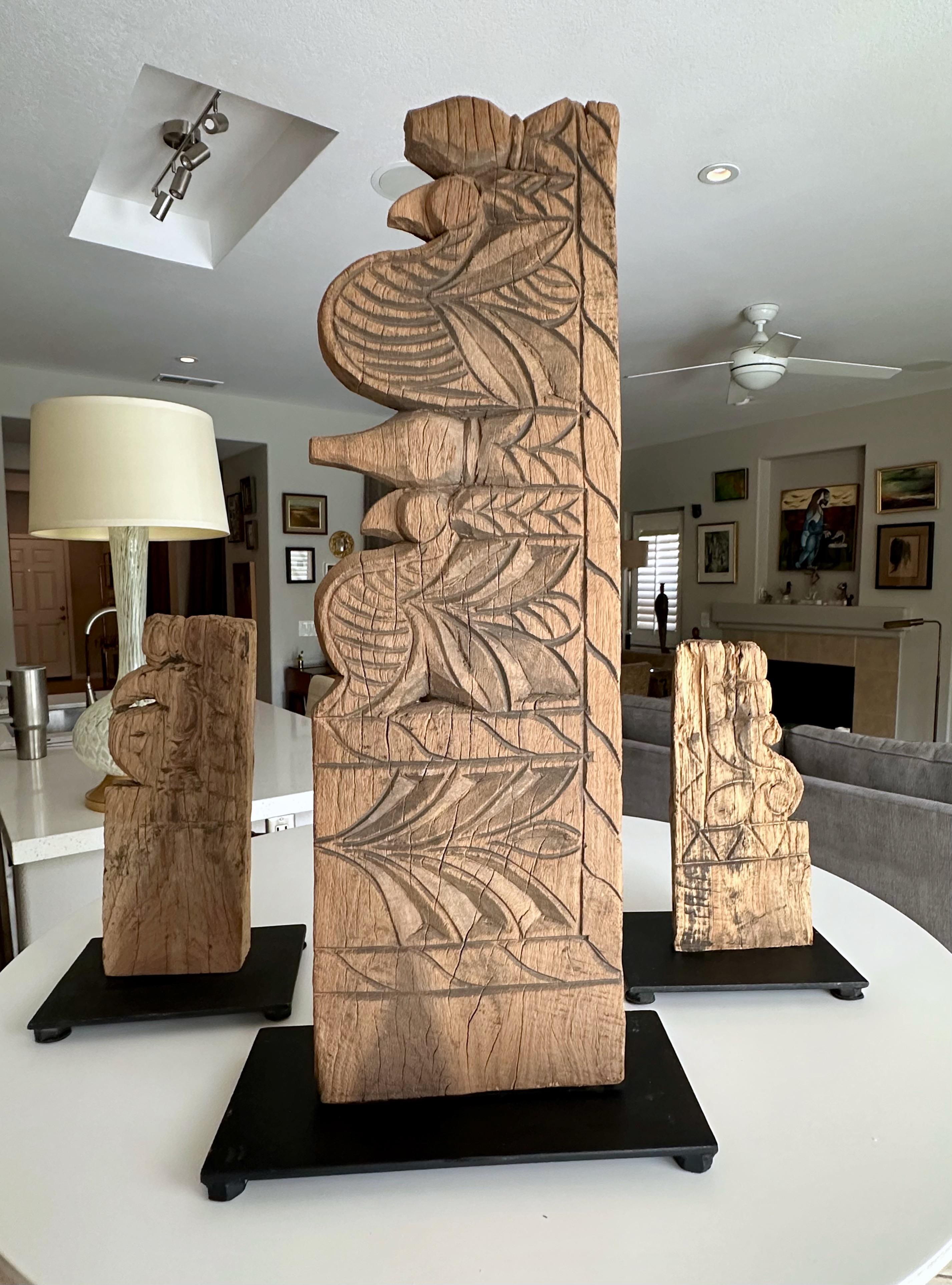 Trio Antique Architectural Carved Wood Fragments on Stands For Sale 4