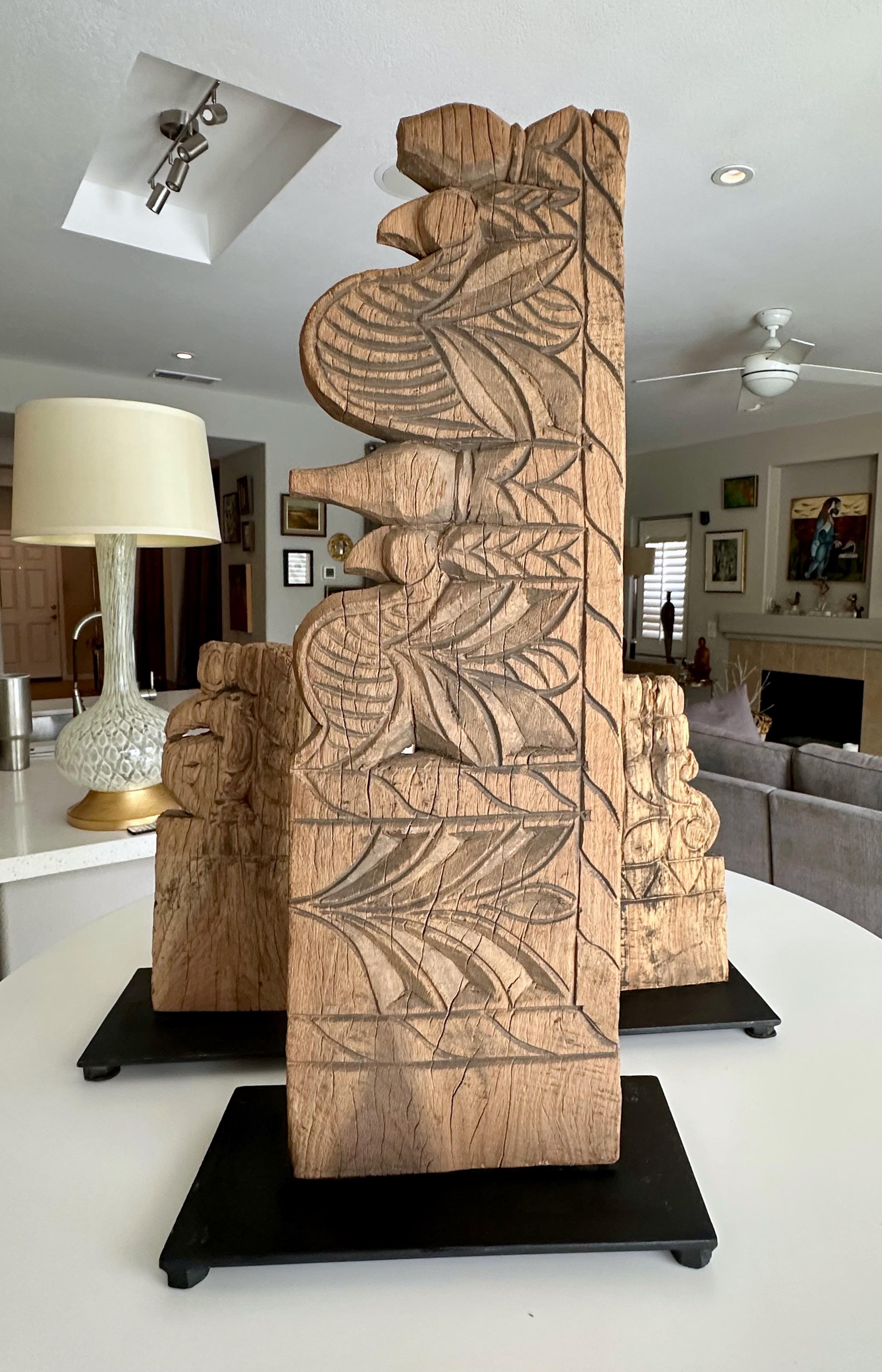 Trio Antique Architectural Carved Wood Fragments on Stands For Sale 5