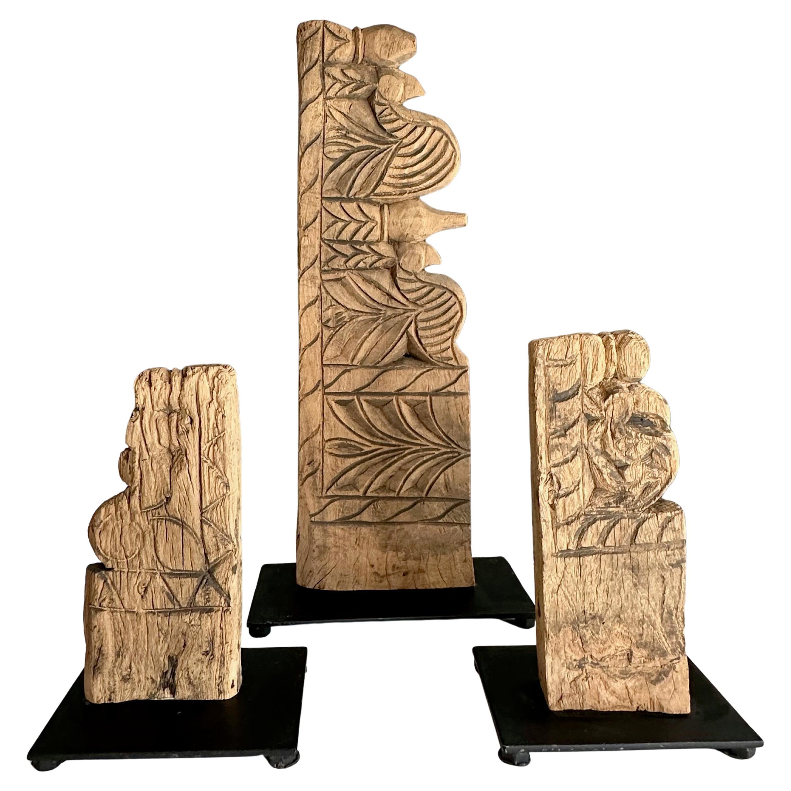 Trio Antique Architectural Carved Wood Fragments on Stands For Sale