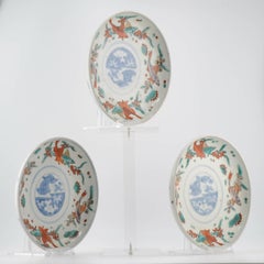 Trio Antique Japanese Porcelain Arita Polychrome Bowl Fishes, 19th Century