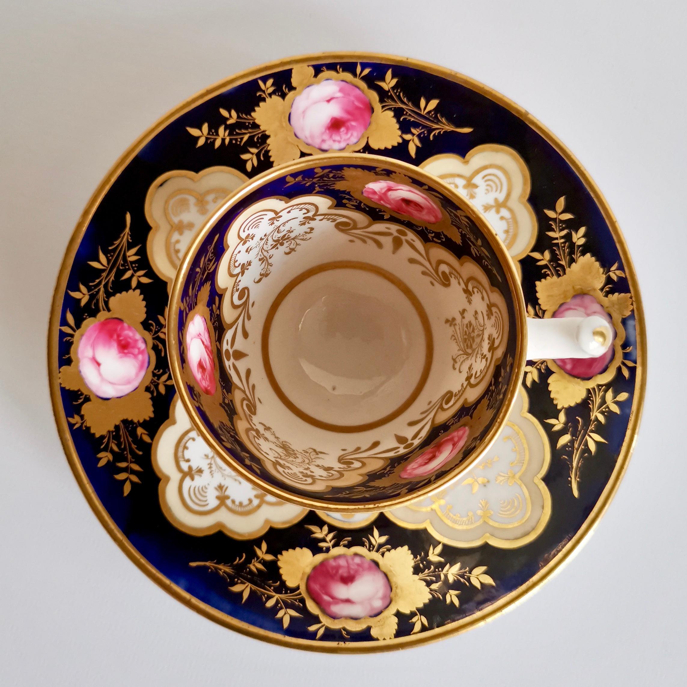 Porcelain Trio Attributed to Rathbone, Cobalt Blue and Roses, Regency, circa 1820