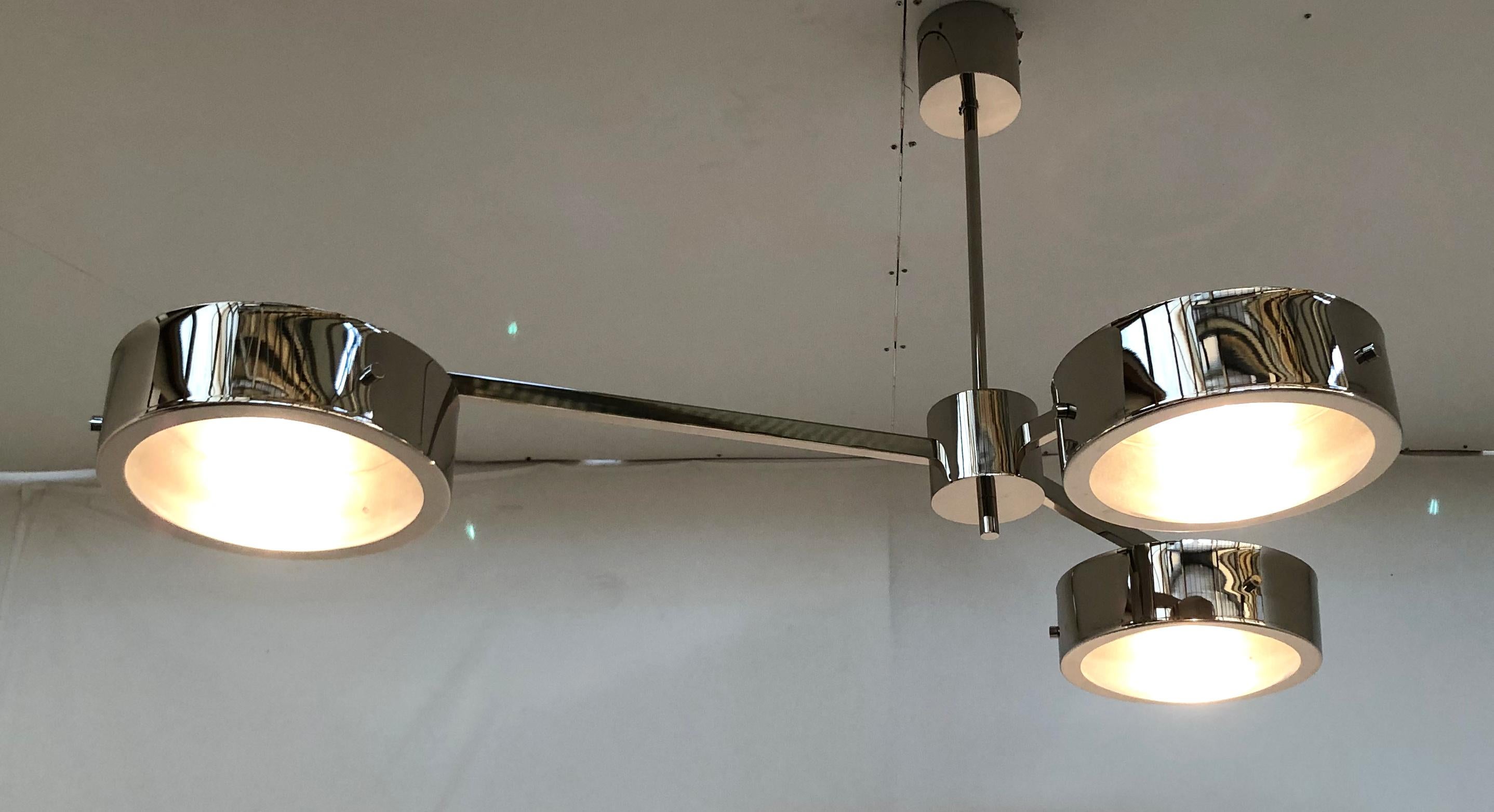 Italian modern pendant with three smoky Murano glass shades enclosed in chic polished nickel border bands and mounted on polished nickel frame 
Designed by Fabio Bergomi / Made in Italy
3 lights / E12 or E14 type / max 40W each
Measures: Length