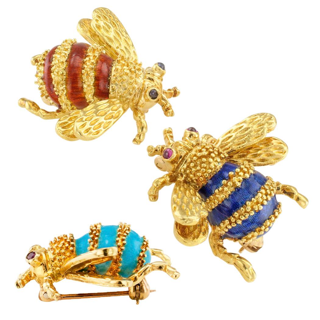 Contemporary Trio Bee Brooches Enamel Ruby Sapphire Gold