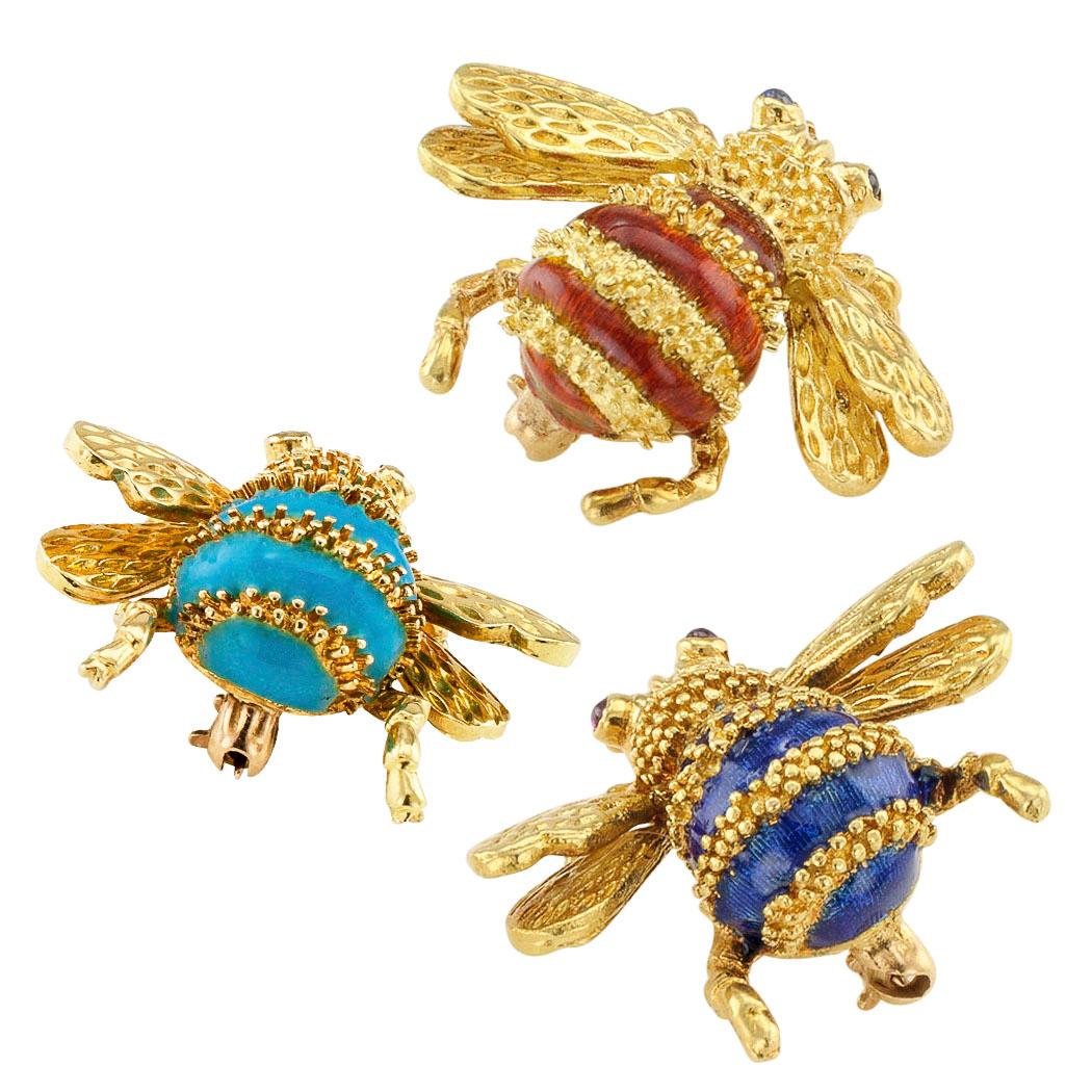 Round Cut Trio Bee Brooches Enamel Ruby Sapphire Gold