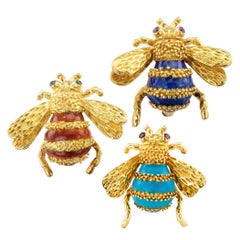 Vintage Trio Bee Brooches Enamel Ruby Sapphire Gold