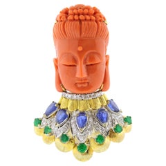 Broche bouddha en corail sculpté (trio)