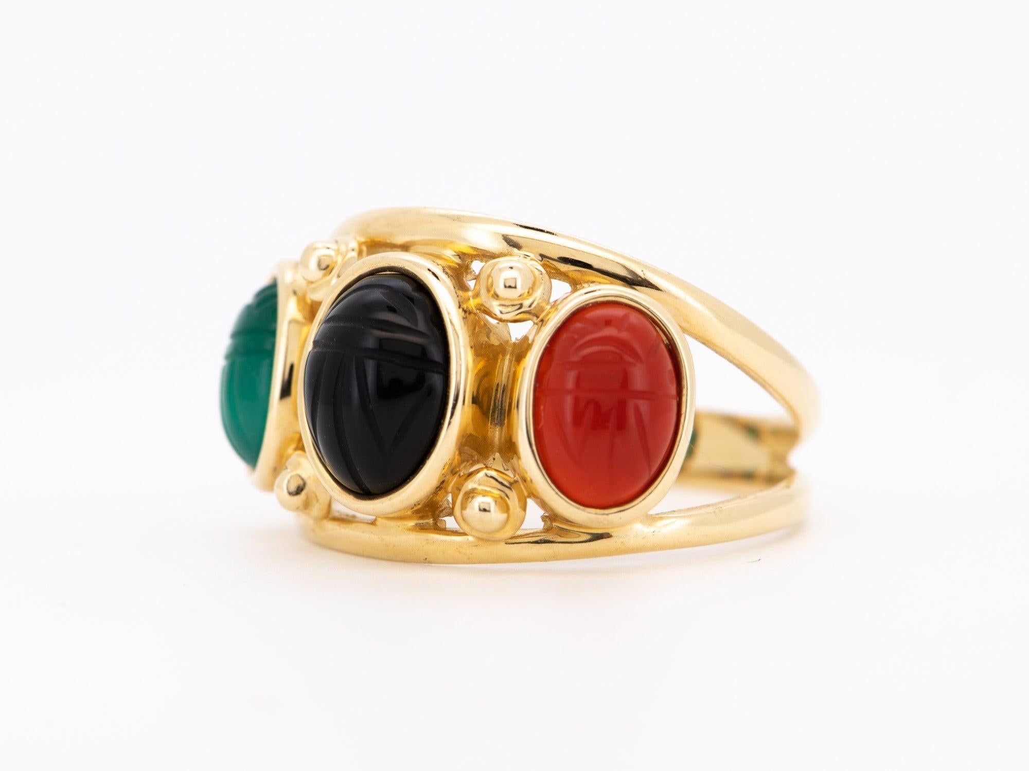 ♥ Trio Carved Scarab Split Band Ring 14K Gold 4.38g R6689

♥ The item measures 13.5mm in length (North South direction), 21.1mm in width (East West direction), and stands 3.2mm from the finger. 

♥ Band width: 3.2mm

♥ US size 8 (Free resizing up or