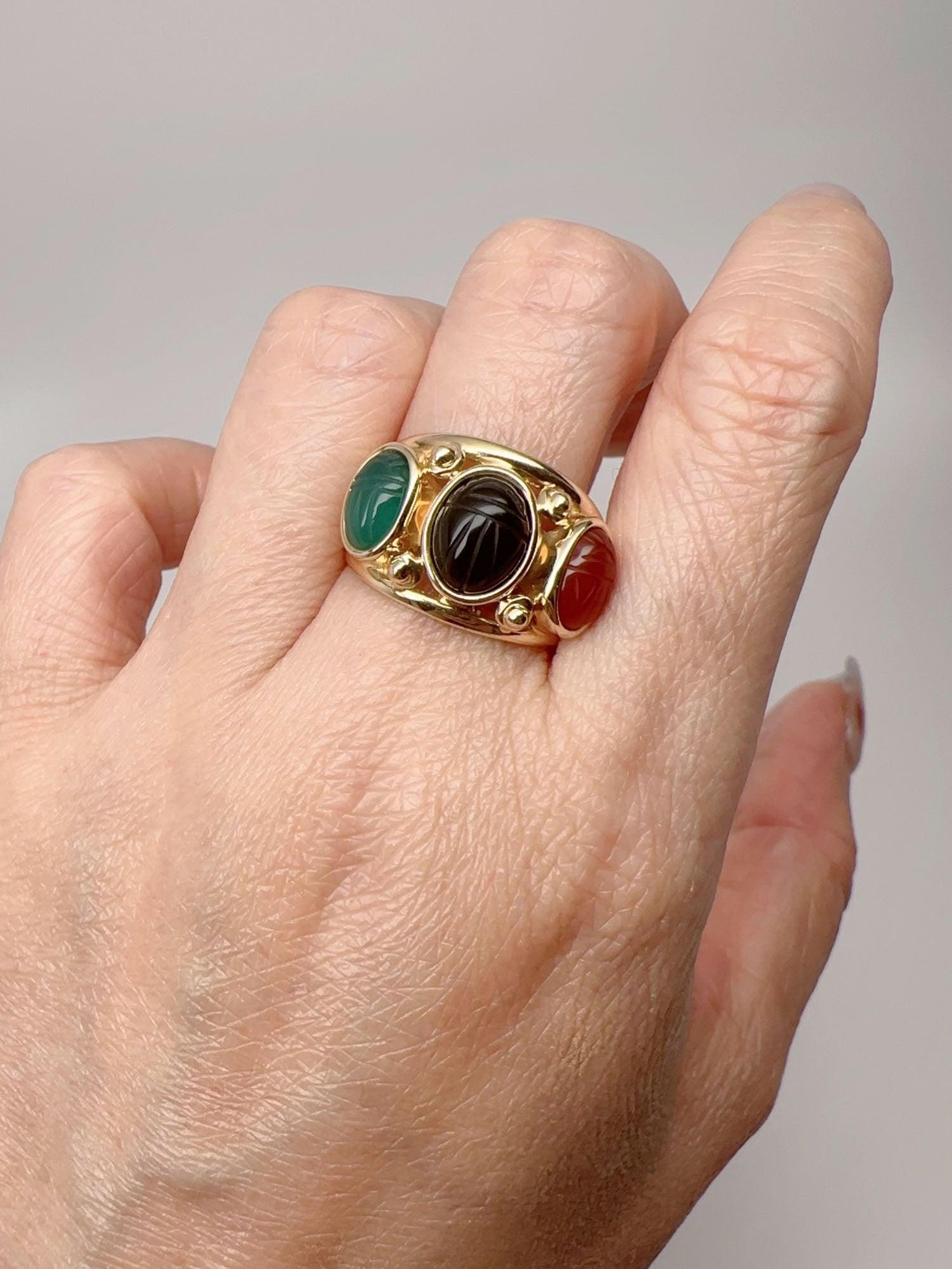 Trio Carved Scarab Split Band Ring 14K Gold 4.38g R6689 For Sale 1