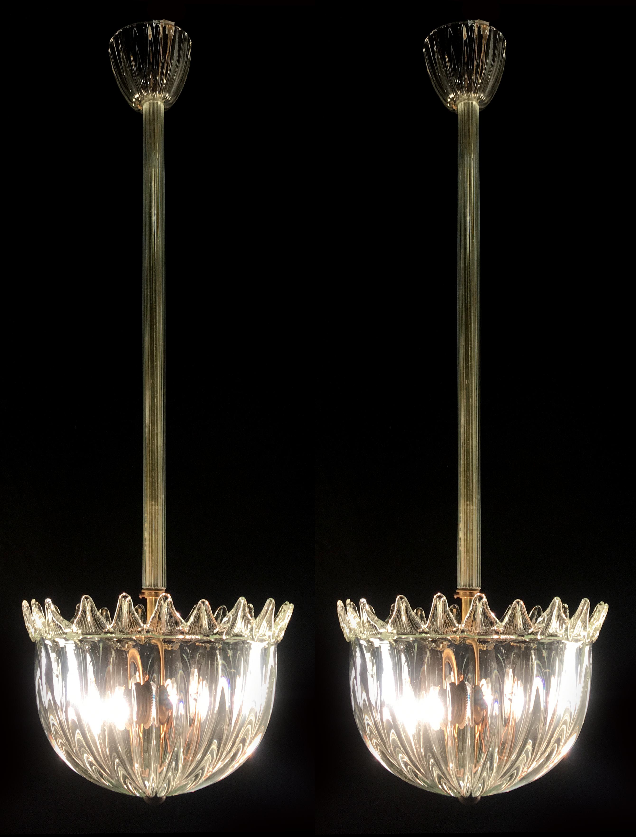 Trio of lanterns of incredible beauty in massive Murano glass with inclusions of gold.