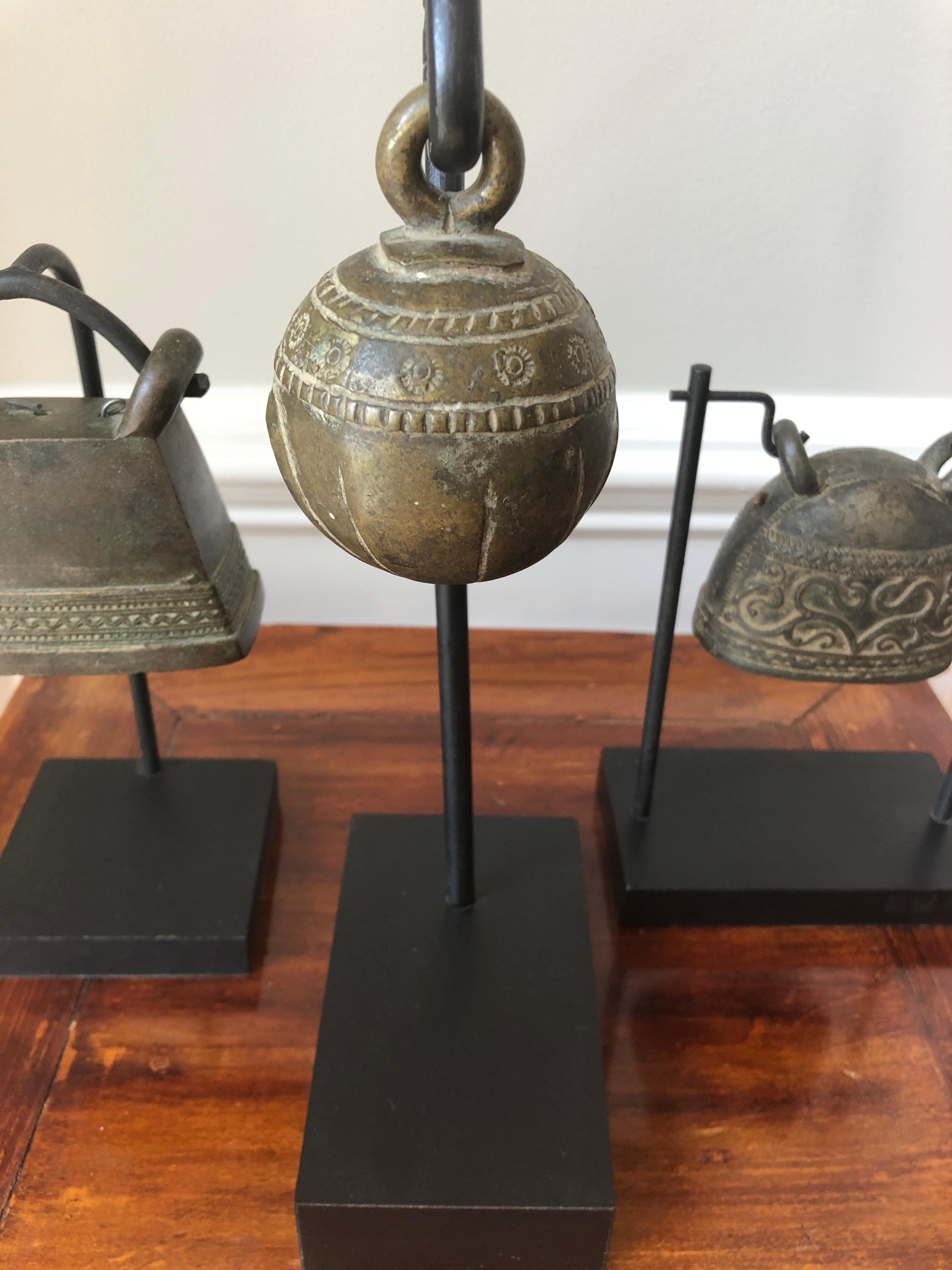 Chinese Trio Collection of Thai Antique Brass Bells on Custom Stands