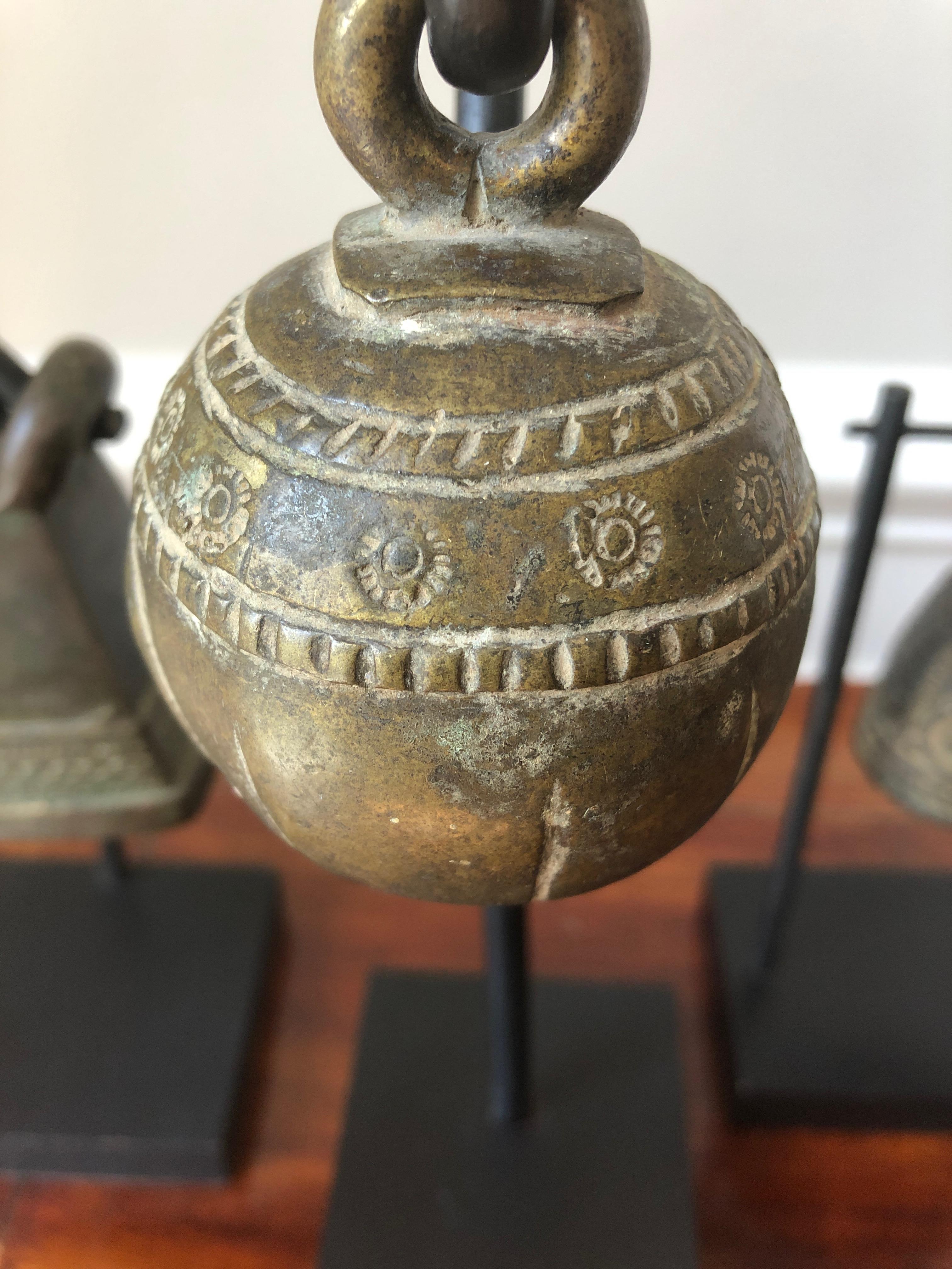 Trio Collection of Thai Antique Brass Bells on Custom Stands 1