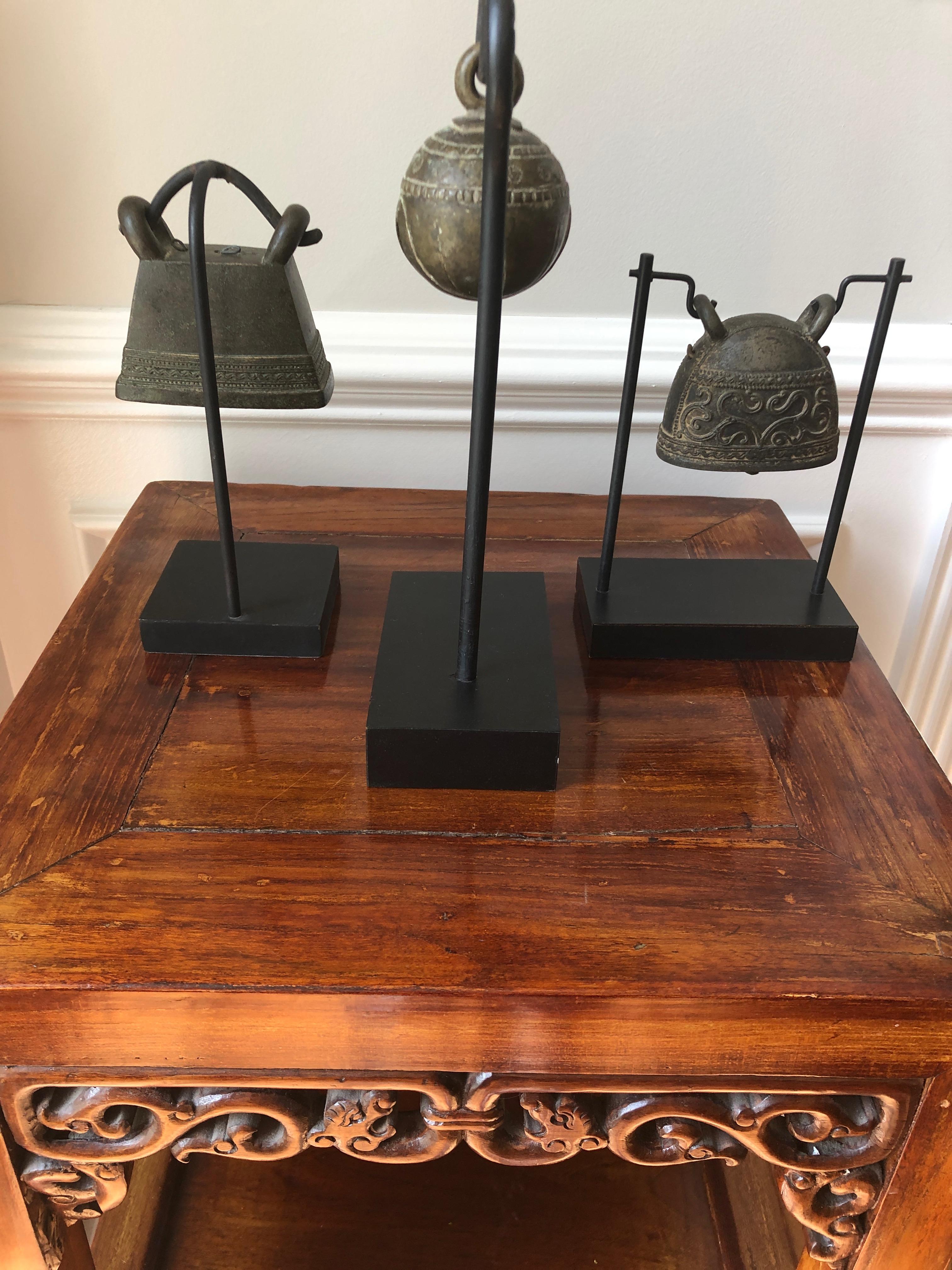 Trio Collection of Thai Antique Brass Bells on Custom Stands 2