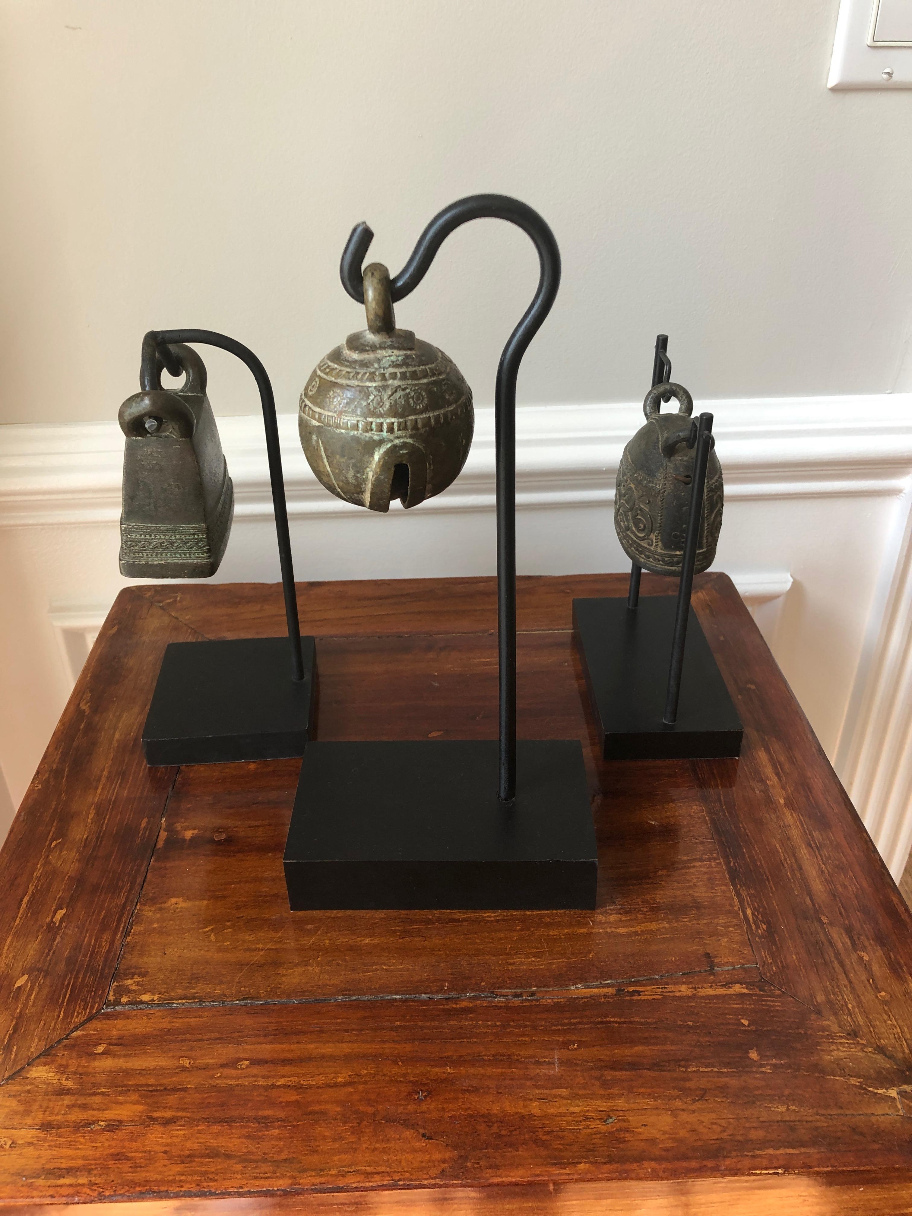 Trio Collection of Thai Antique Brass Bells on Custom Stands 3
