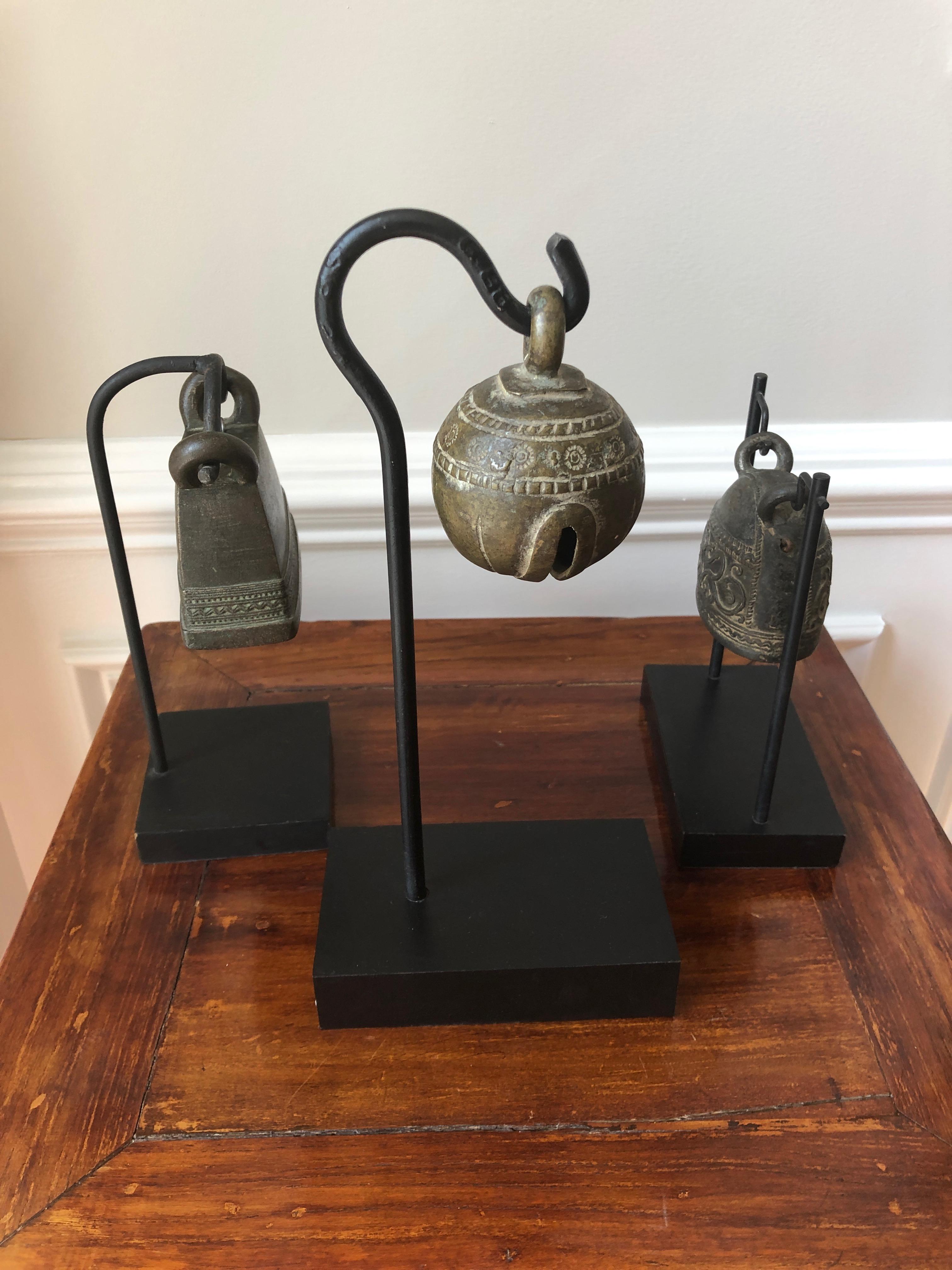 Trio Collection of Thai Antique Brass Bells on Custom Stands 4