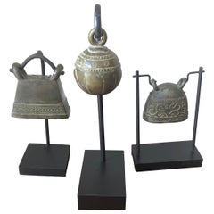 Trio Collection of Thai Antique Brass Bells on Custom Stands