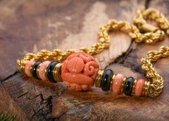 Trio Coral, Onyx and 14 Karat Yellow Gold Necklace