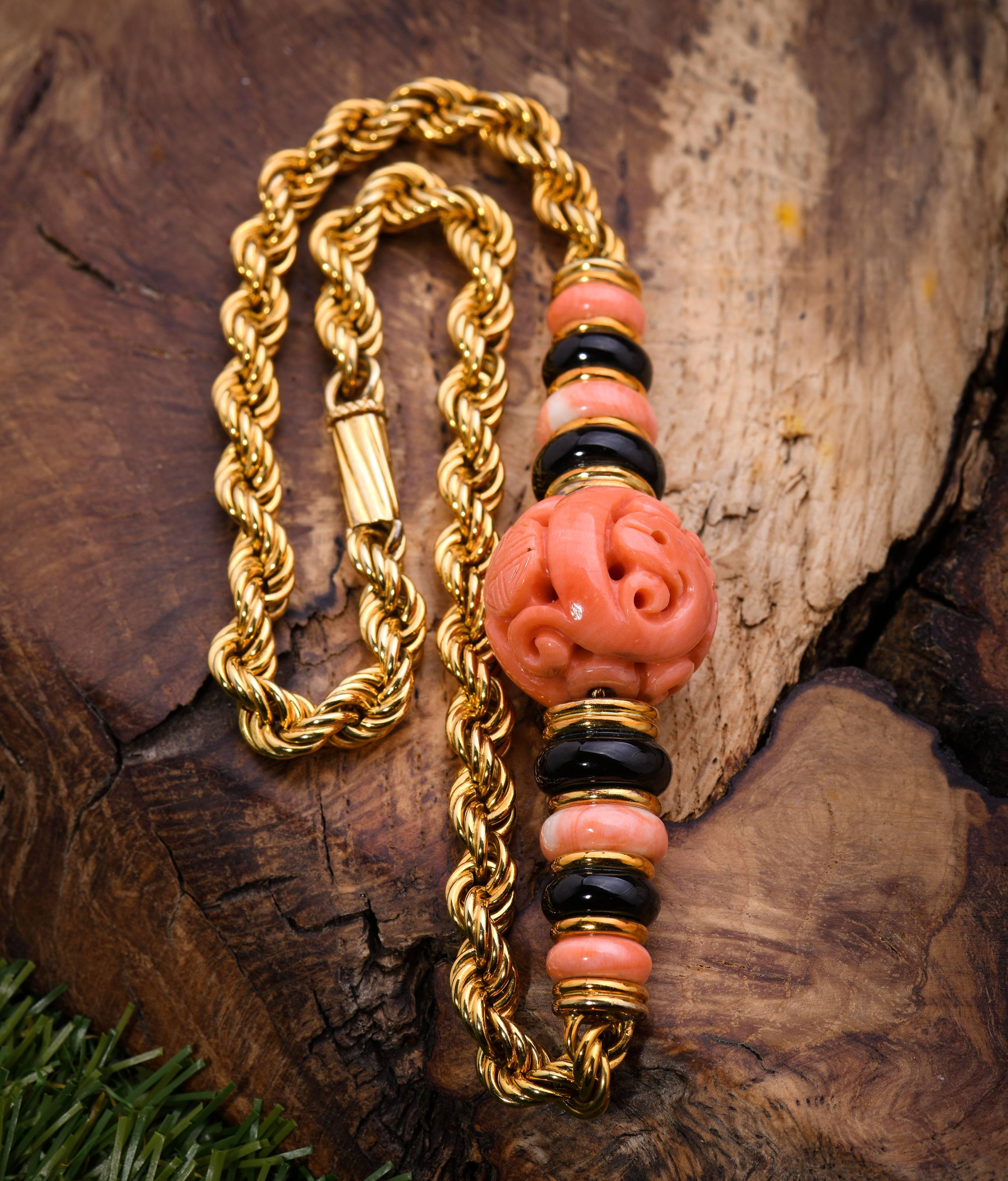 Contemporary Trio Coral, Onyx and 14 Karat Yellow Gold Necklace
