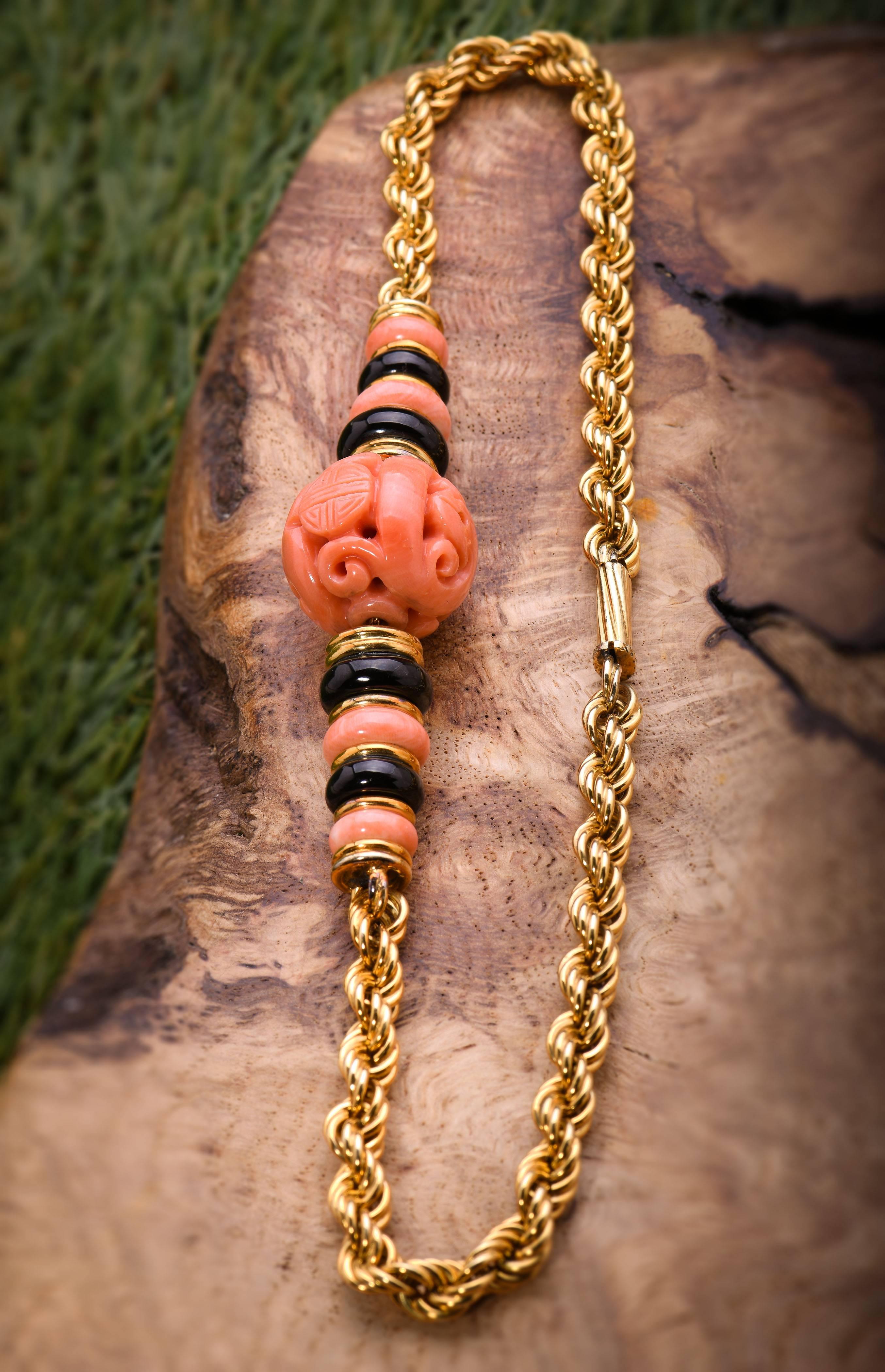 Women's Trio Coral, Onyx and 14 Karat Yellow Gold Necklace