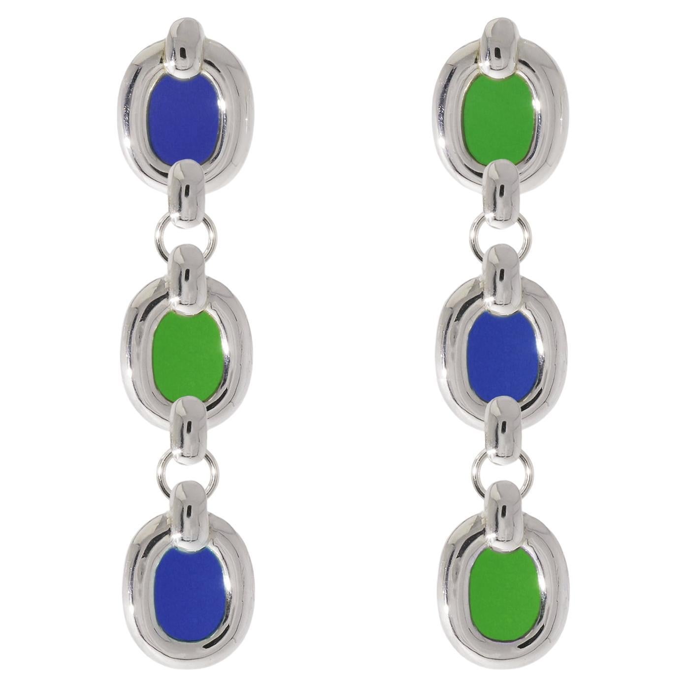 Trio Core Loop Earrings in 925 Sterling Silver & Green and Blue Stones by CLED For Sale