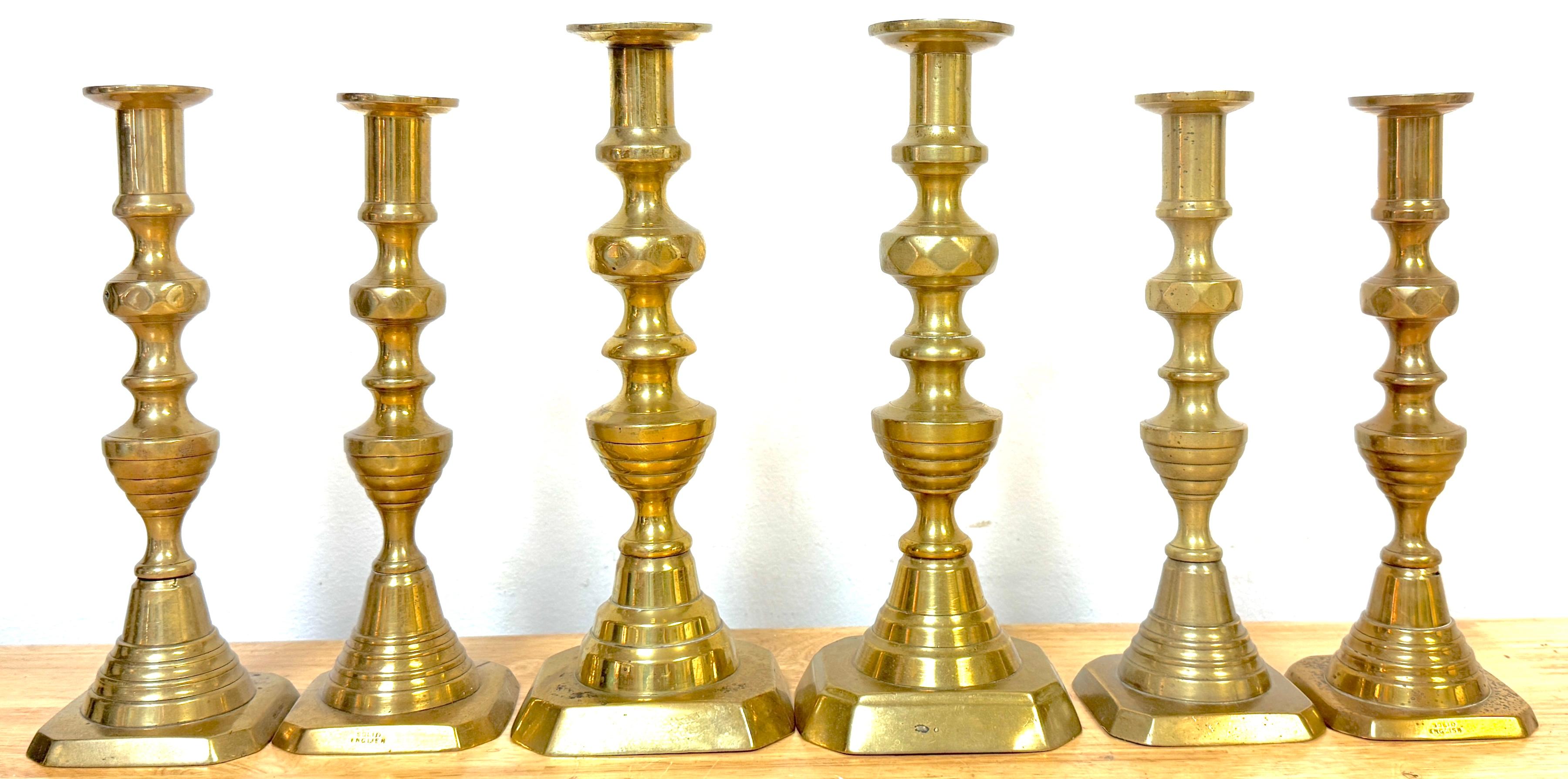 High Victorian Trio English Brass Beehive Candlesticks 1 Large Pair, 2 Matching Smaller Pair For Sale