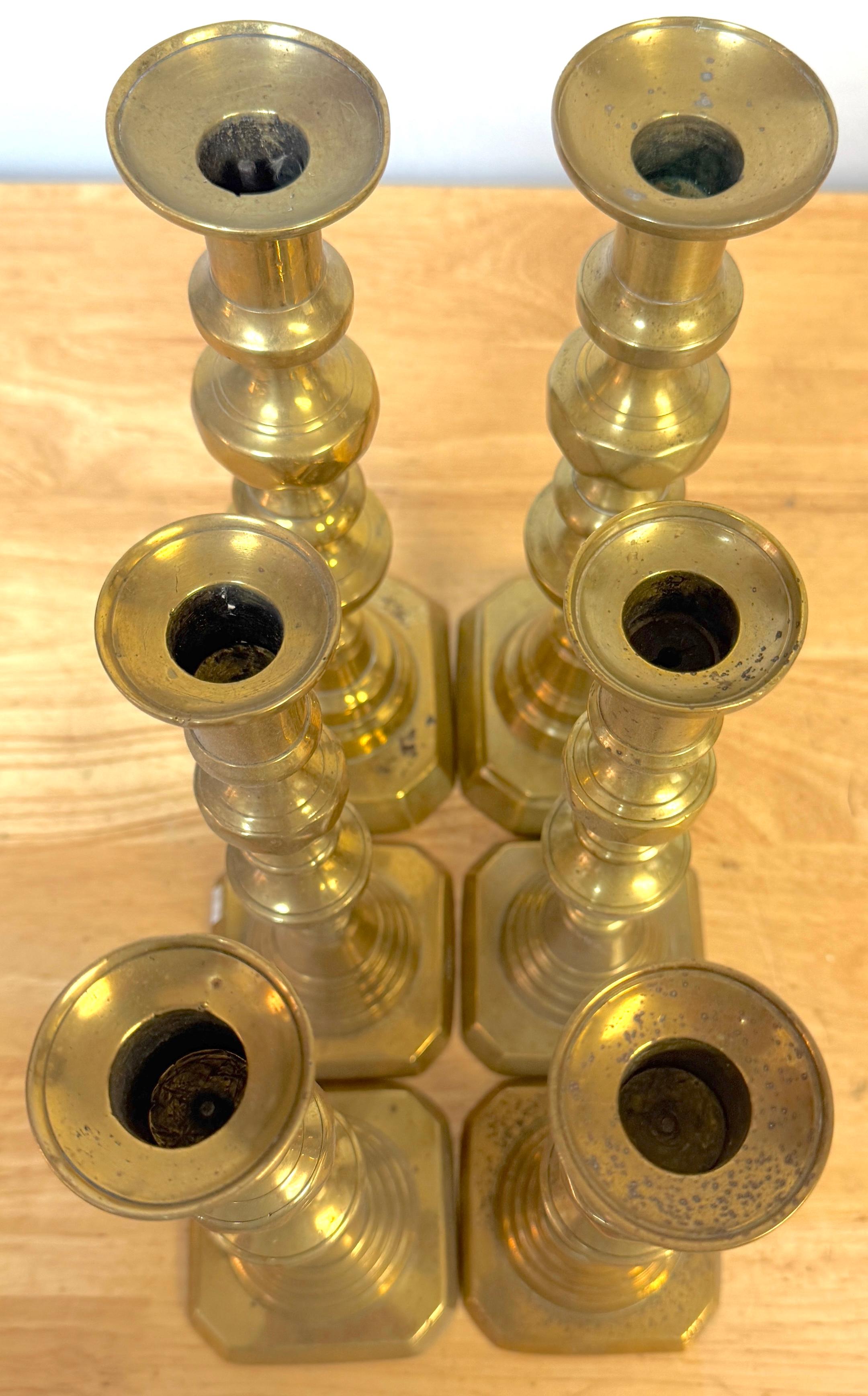 Cast Trio English Brass Beehive Candlesticks 1 Large Pair, 2 Matching Smaller Pair For Sale