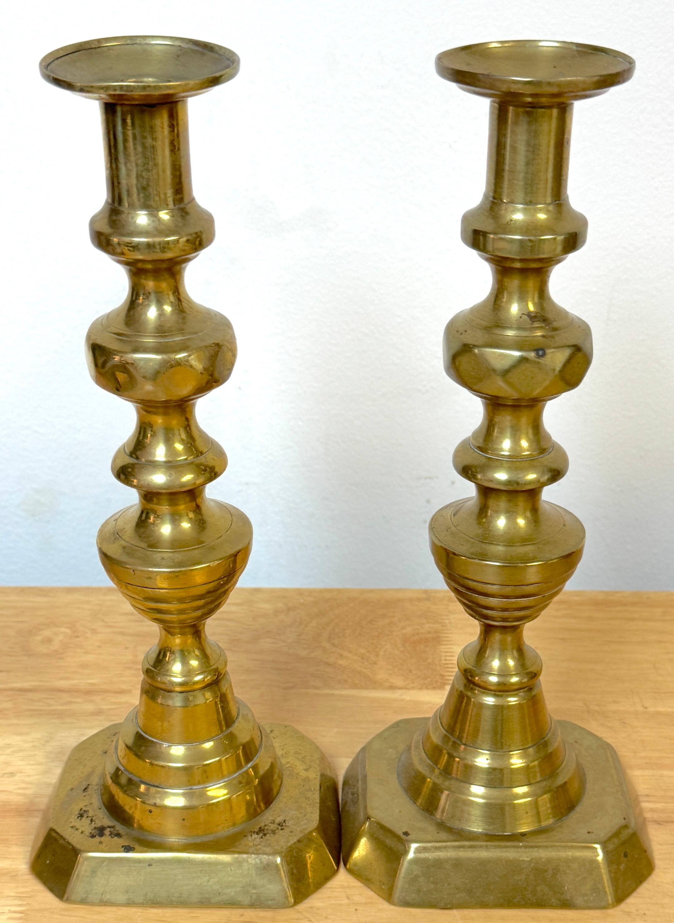 19th Century Trio English Brass Beehive Candlesticks 1 Large Pair, 2 Matching Smaller Pair For Sale