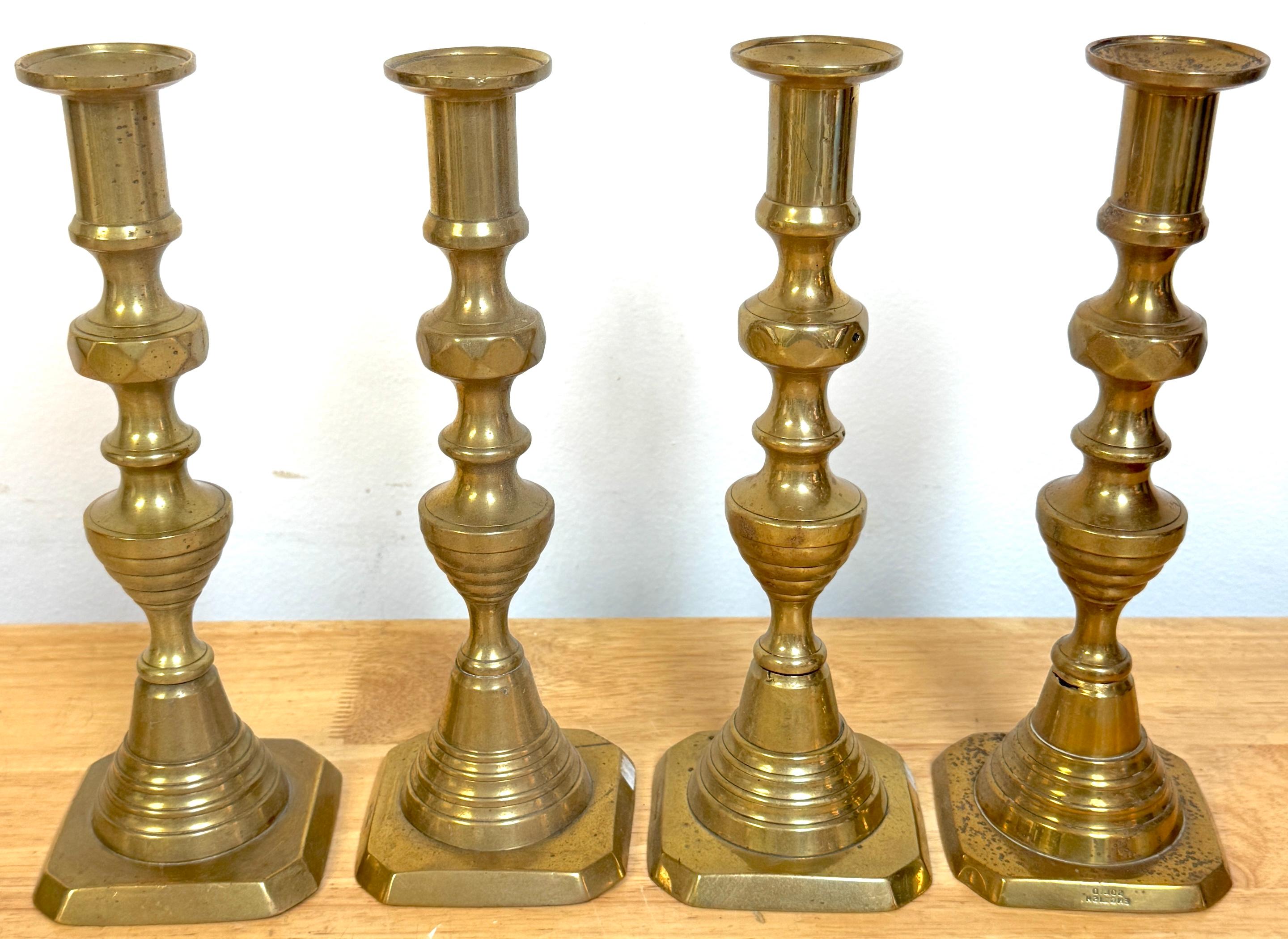Trio English Brass Beehive Candlesticks 1 Large Pair, 2 Matching Smaller Pair For Sale 1
