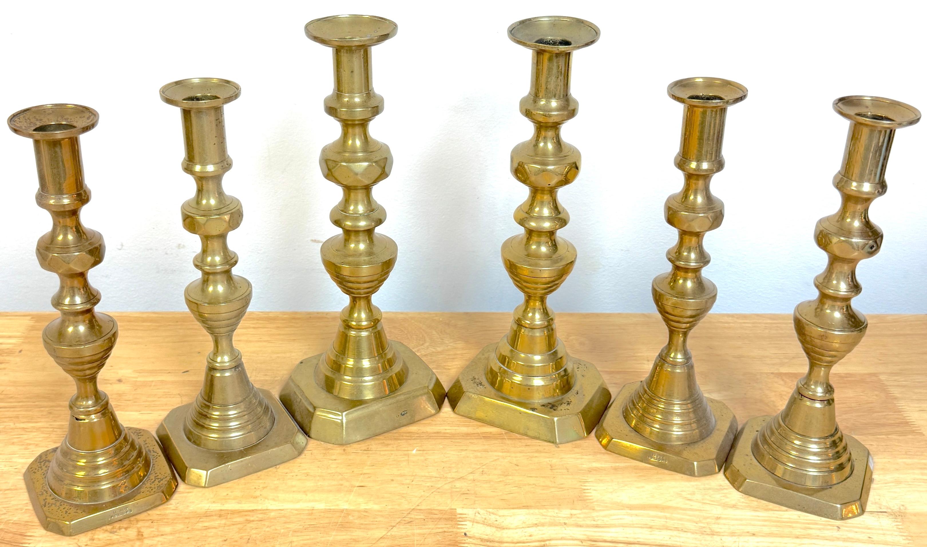 Trio English Brass Beehive Candlesticks 1 Large Pair, 2 Matching Smaller Pair For Sale 2