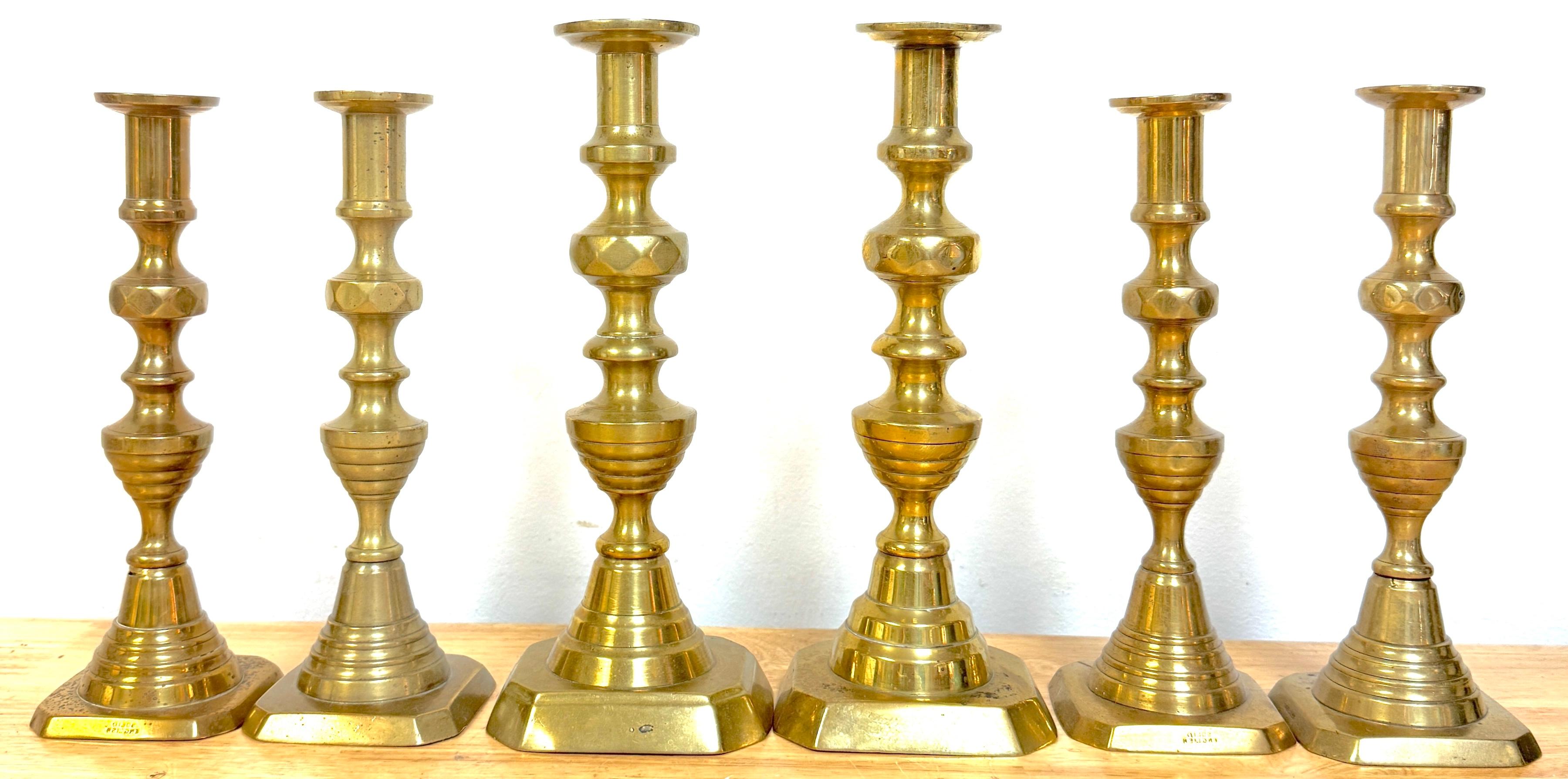 Trio English Brass Beehive Candlesticks 1 Large Pair, 2 Matching Smaller Pair For Sale 3
