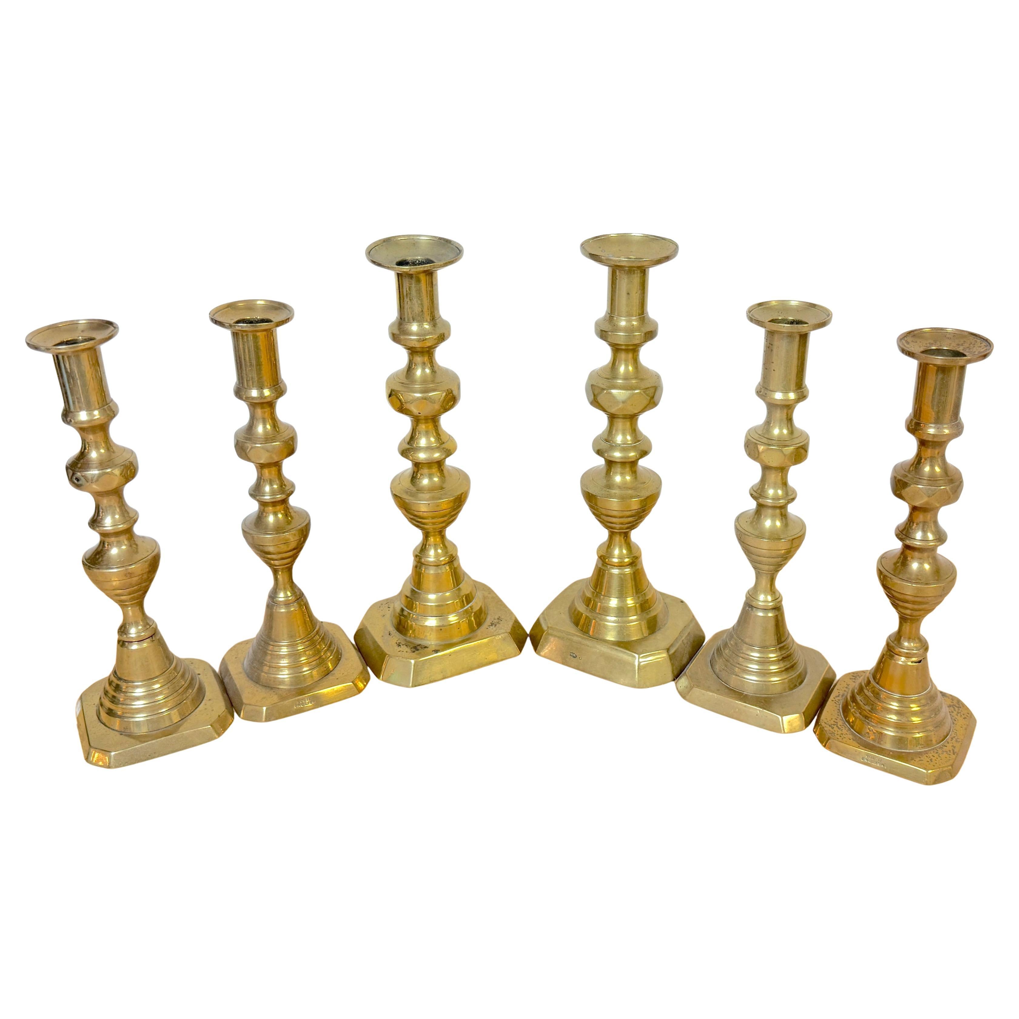 Trio English Brass Beehive Candlesticks 1 Large Pair, 2 Matching Smaller Pair