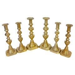 Trio English Brass Beehive Candlesticks 1 Large Pair, 2 Matching Smaller Pair