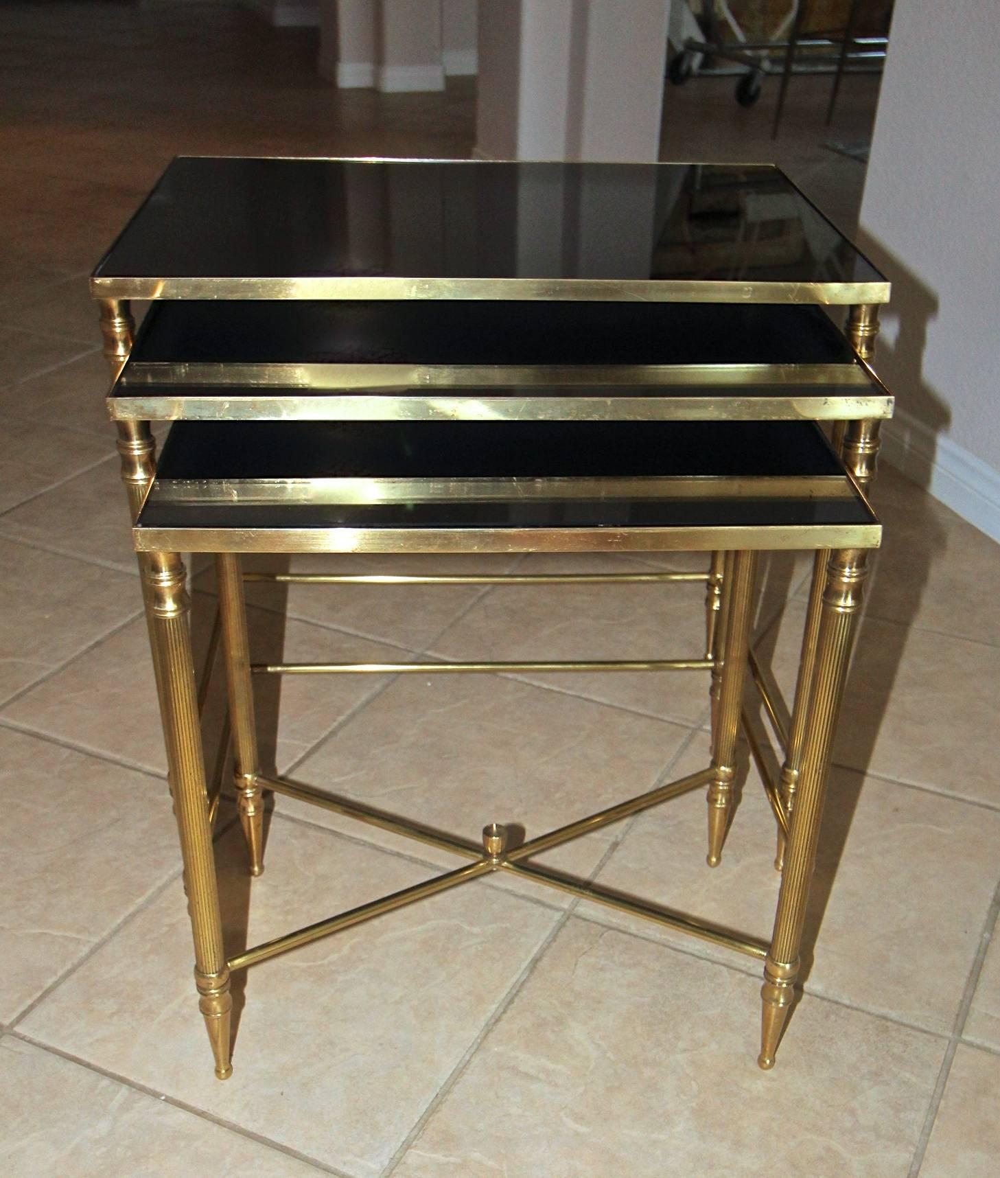 Mid-20th Century Trio French Bagues Style Brass Nesting Tables