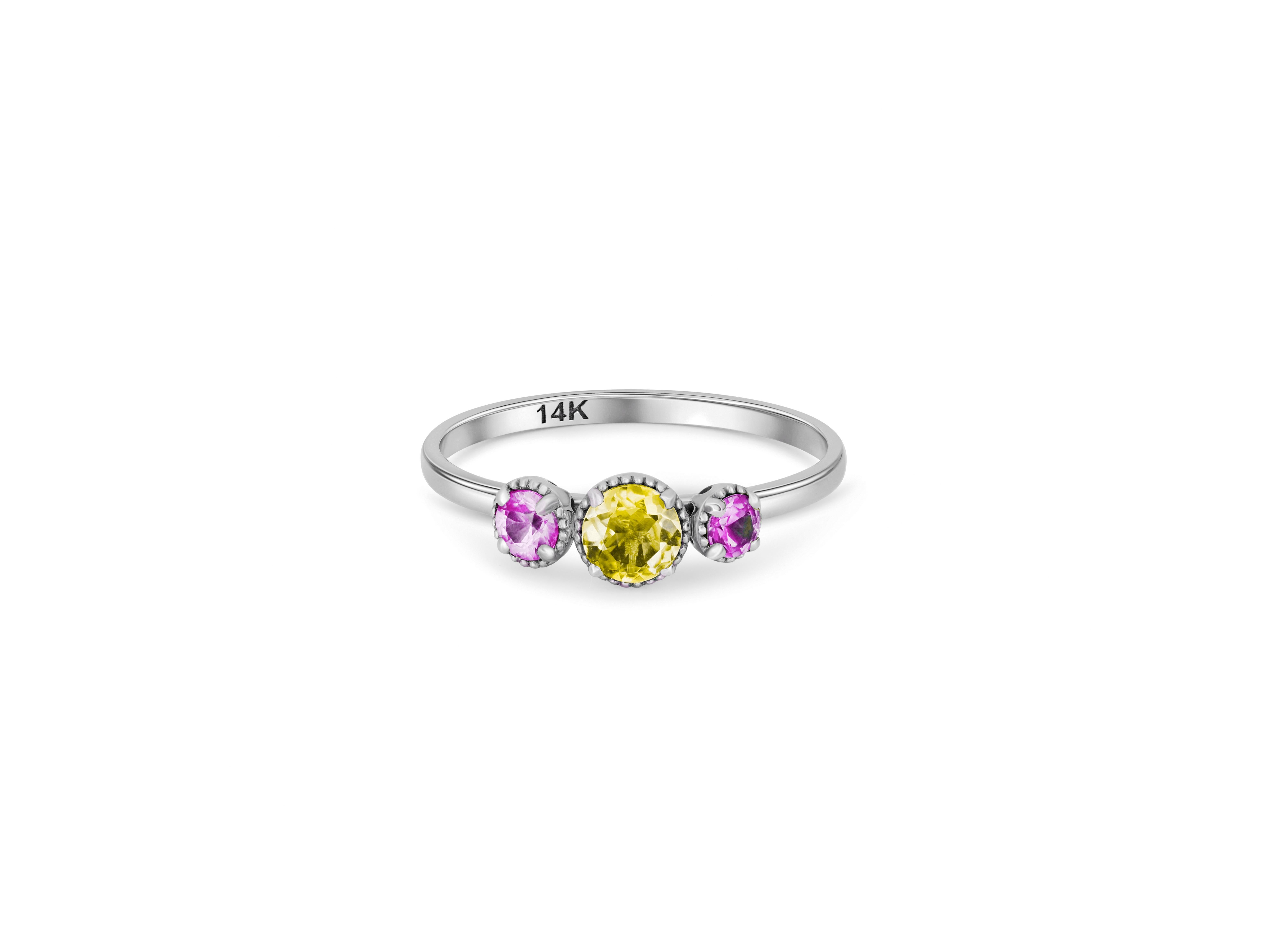 Trio gems 14k gold ring.
3 gemstone palette 14k gold ring. Amethyst and yellow sapphire 14k gold ring.  Color contrast gold ring. Purple and yellow gemstone ring. 

Metal: 14k gold
Weight: 1.8 gr depends from size

Gemstones:
Yellow: lab sapphire,