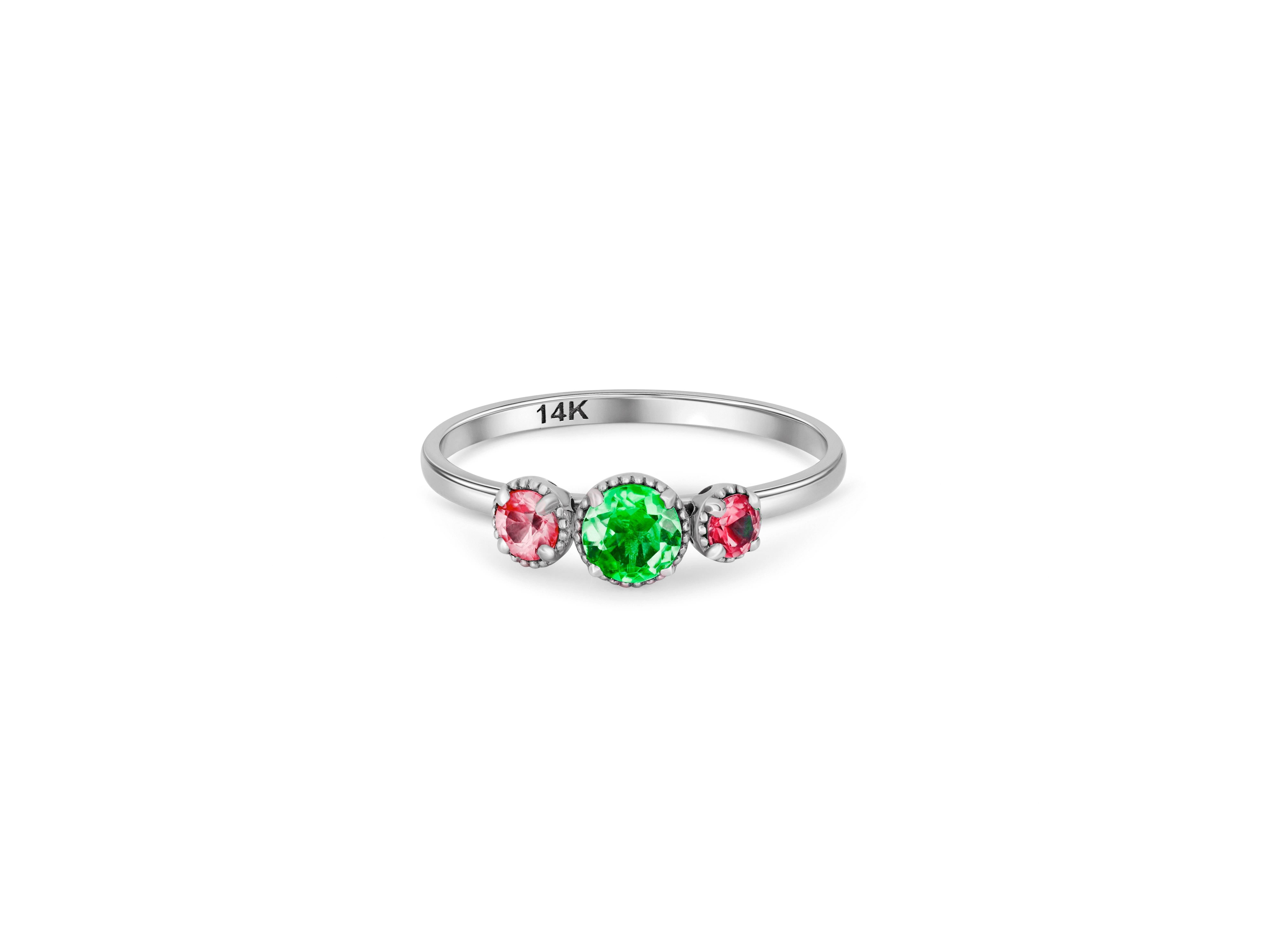 Trio gems 14k gold ring.
3 gemstone palette 14k gold ring.  Ruby and emerald 14k gold ring.  Color contrast gold ring. Rink and green gemstone ring. 

Metal: 14k gold
Weight: 1.8 gr depends from size

Gemstones:
Green: lab emerald, round cut
Pink: