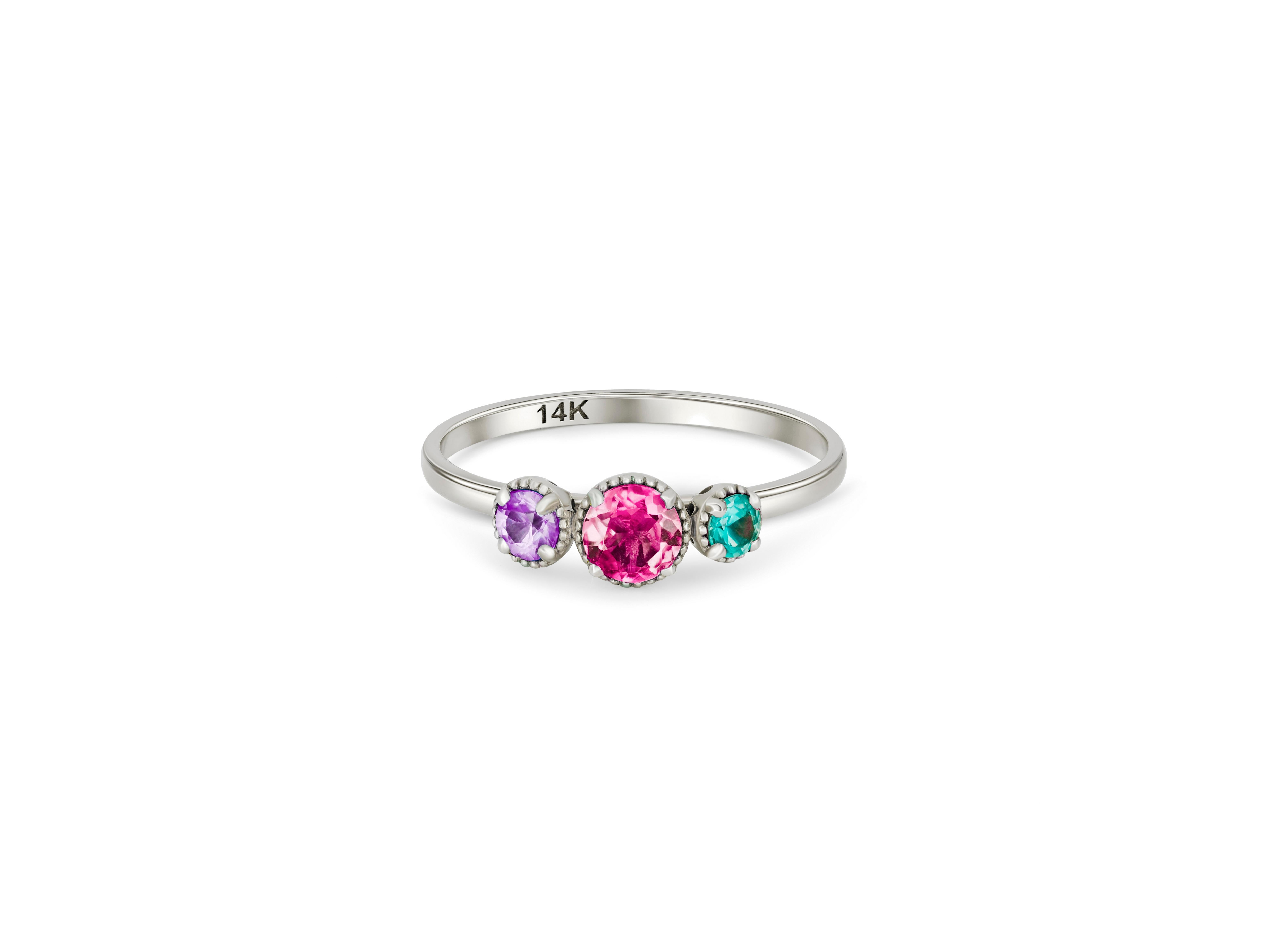 Trio gems 14k gold ring.
3 gemstone palette 14k gold ring.  Amethyst, ruby, paraiba 14k gold ring.  Color contrast gold ring. Purple, pink and blue gemstone ring. 

Metal: 14k gold
Weight: 1.8 gr depends from size

Gemstones:
Purple: lab amethyst,