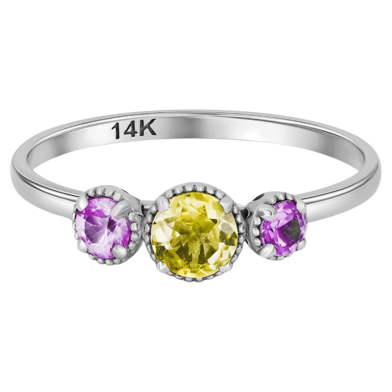 Bague en or 14k avec Trio de pierres précieuses