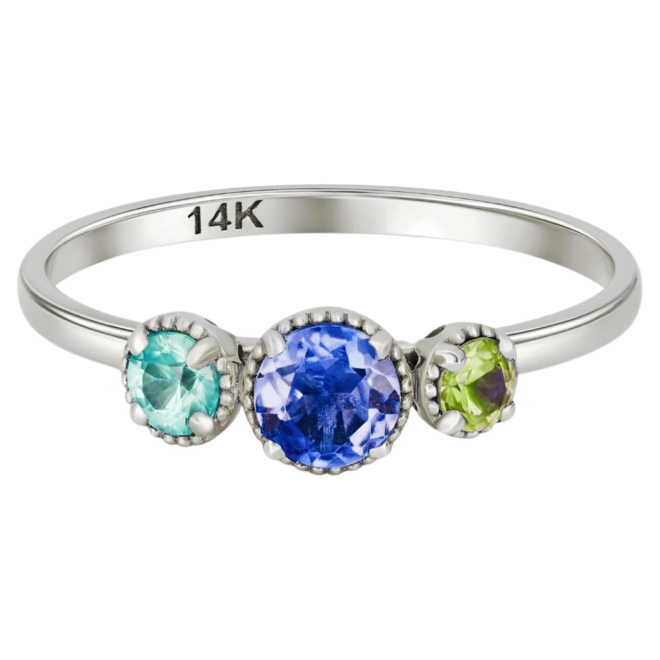 En vente :  Bague en or 14k avec Trio de pierres précieuses