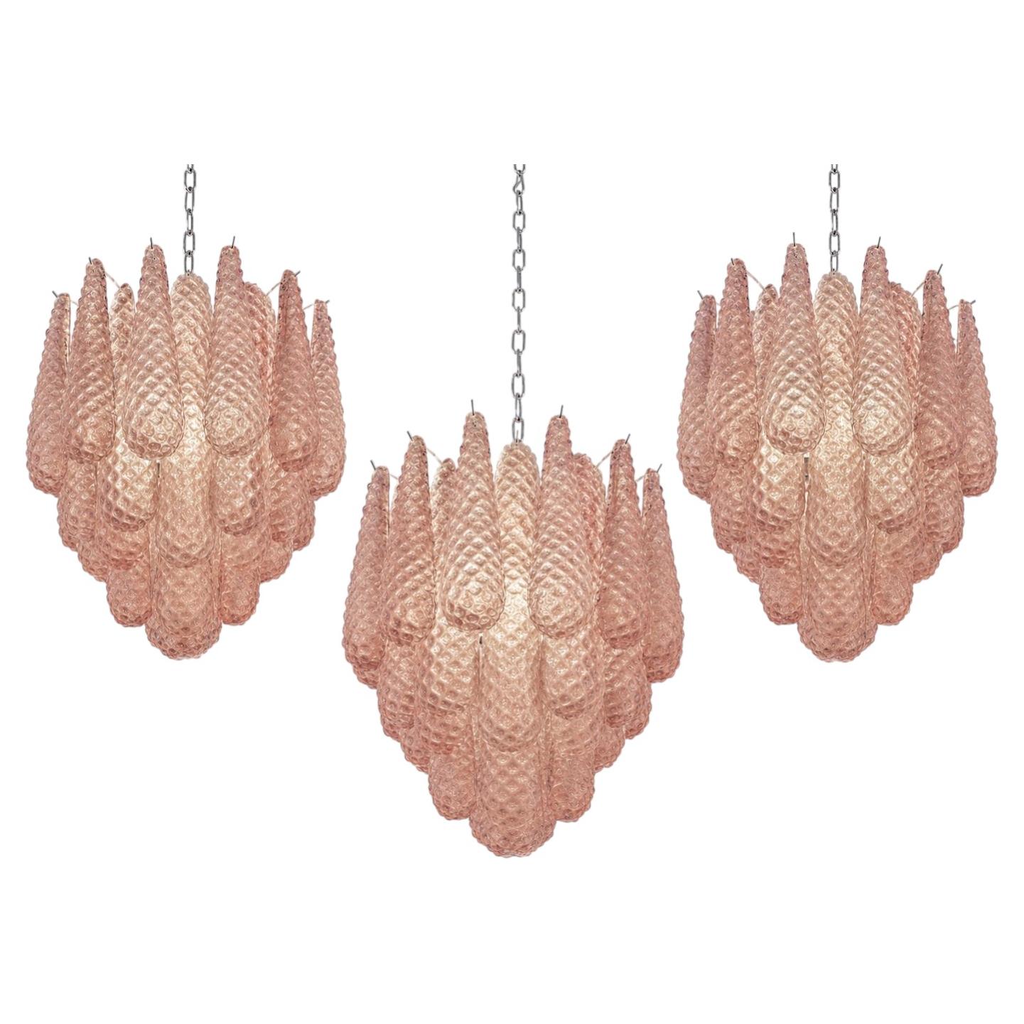 Trio Glass Pink Petal Chandeliers, Murano For Sale