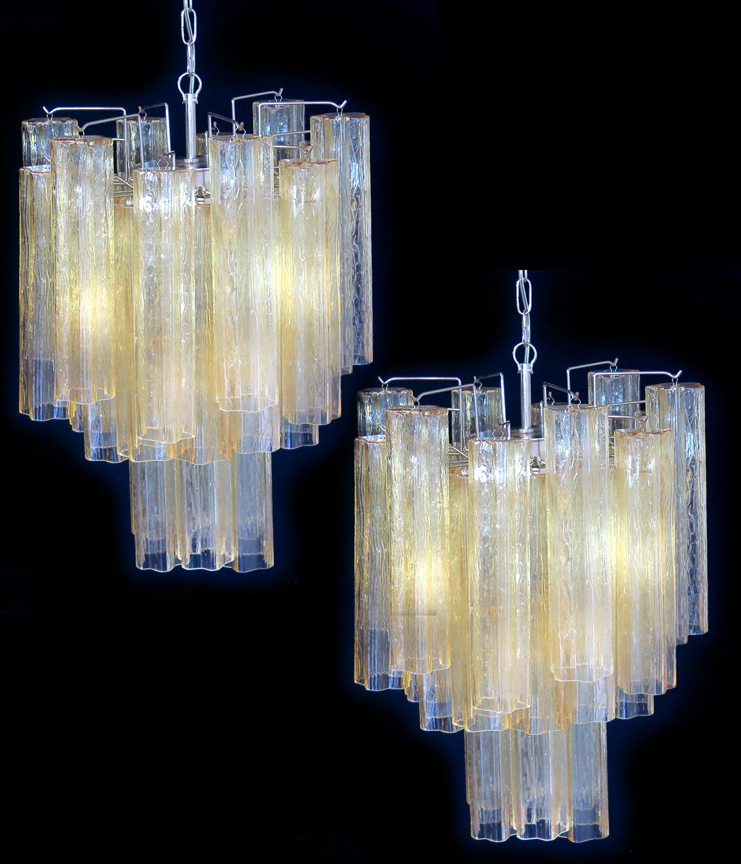 Trio Gold Glass Tube Chandeliers, Murano, 1970s In Excellent Condition For Sale In Budapest, HU