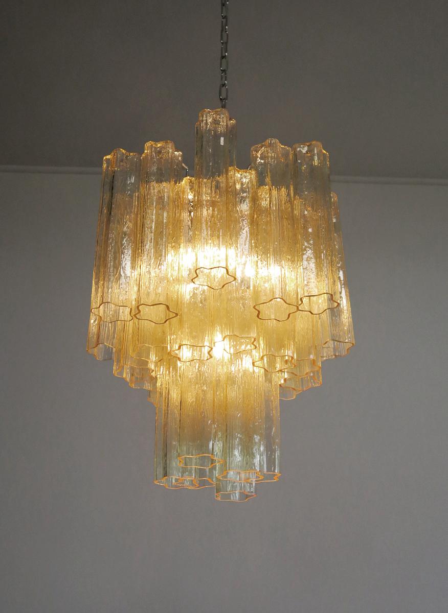 20th Century Trio Gold Glass Tube Chandeliers, Murano, 1970s For Sale