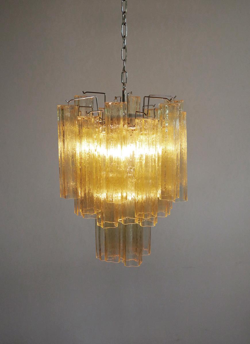 Metal Trio Gold Glass Tube Chandeliers, Murano, 1970s For Sale
