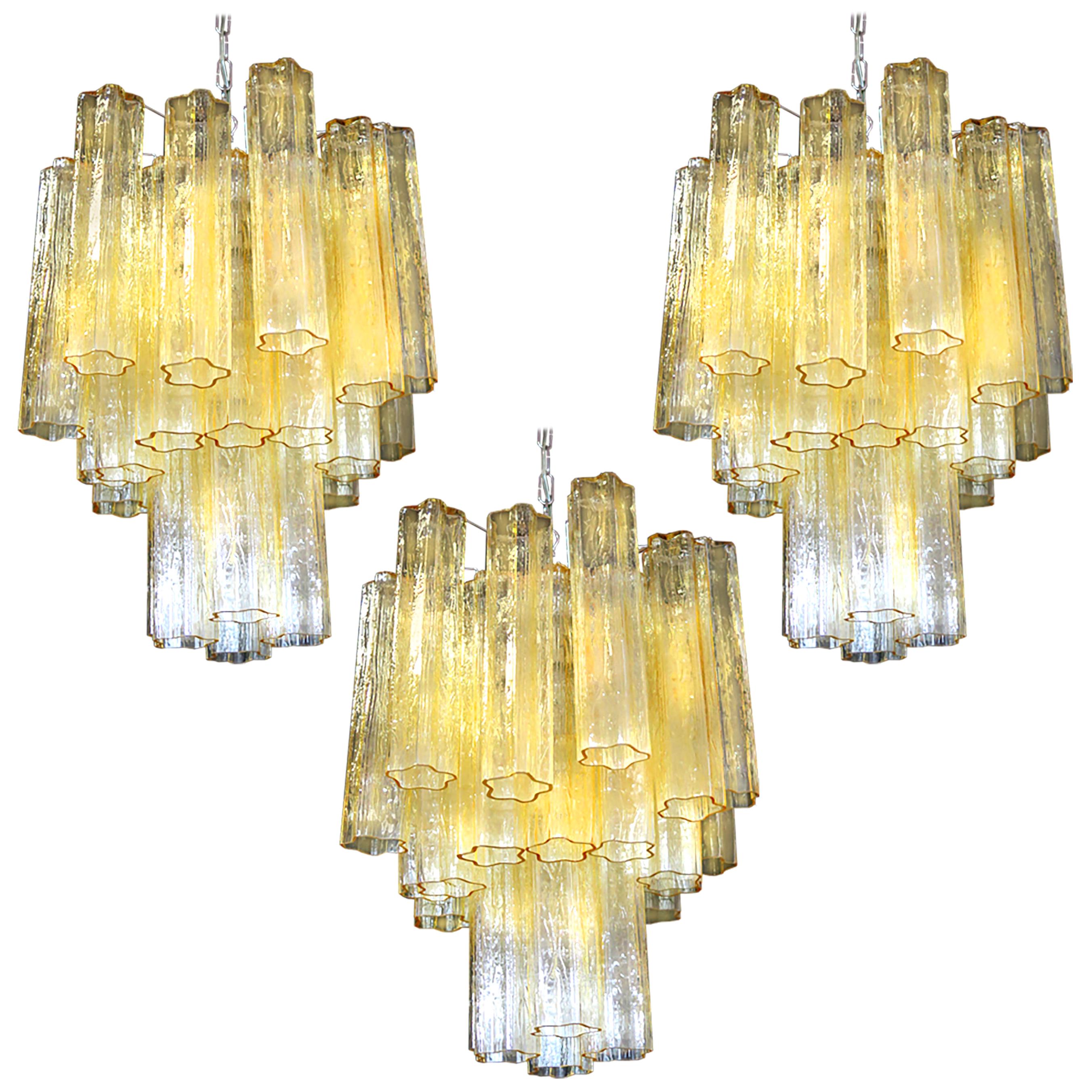 Trio Gold Glass Tube Chandeliers, Murano, 1970s