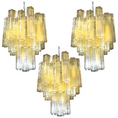 Vintage Trio Gold Glass Tube Chandeliers, Murano, 1970s