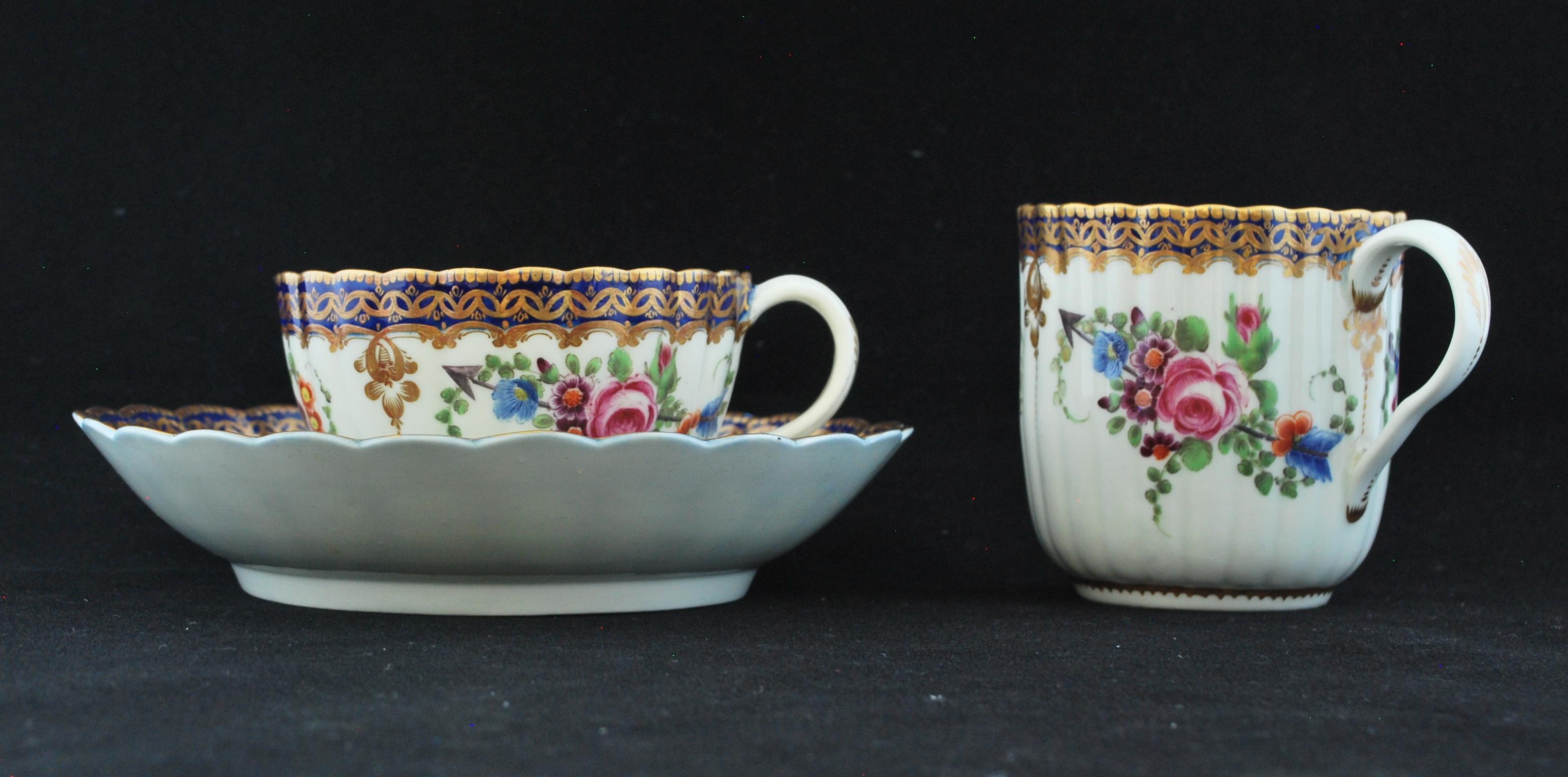 A fine trio in soft-paste porcelain, decorated with the Marriage pattern.

The pattern is so-called as it carriers a bow and arrow hidden in the flowers, symbolic of love. A variation of this was ordered as the Royal Marriage service made around