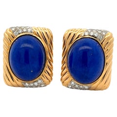 Trio Italian 18K Gold Lapis & Diamond Clip-On Earrings, 20ct Lapis, 2ct Diamond