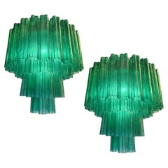 Pair Italian Emerald Glass Chandeliers by Valentina Planta, Murano
