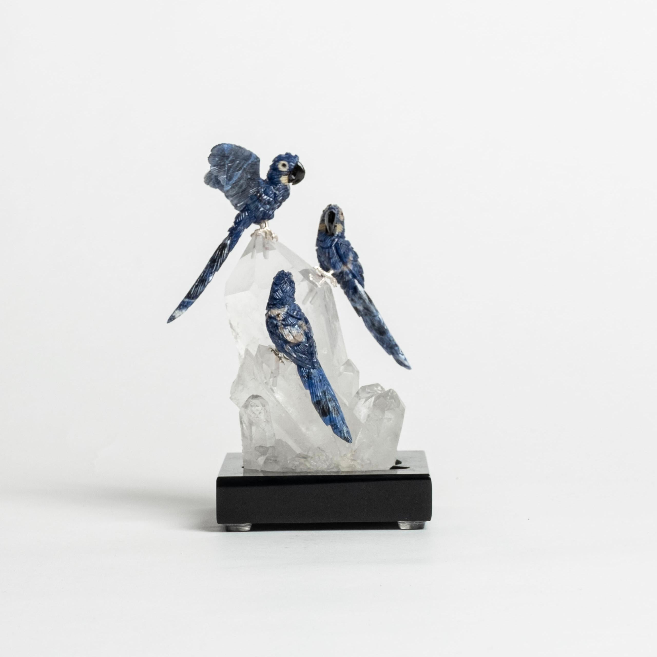 Brazilian Trio Lapis Lazuli Parrots on Quartz Base For Sale