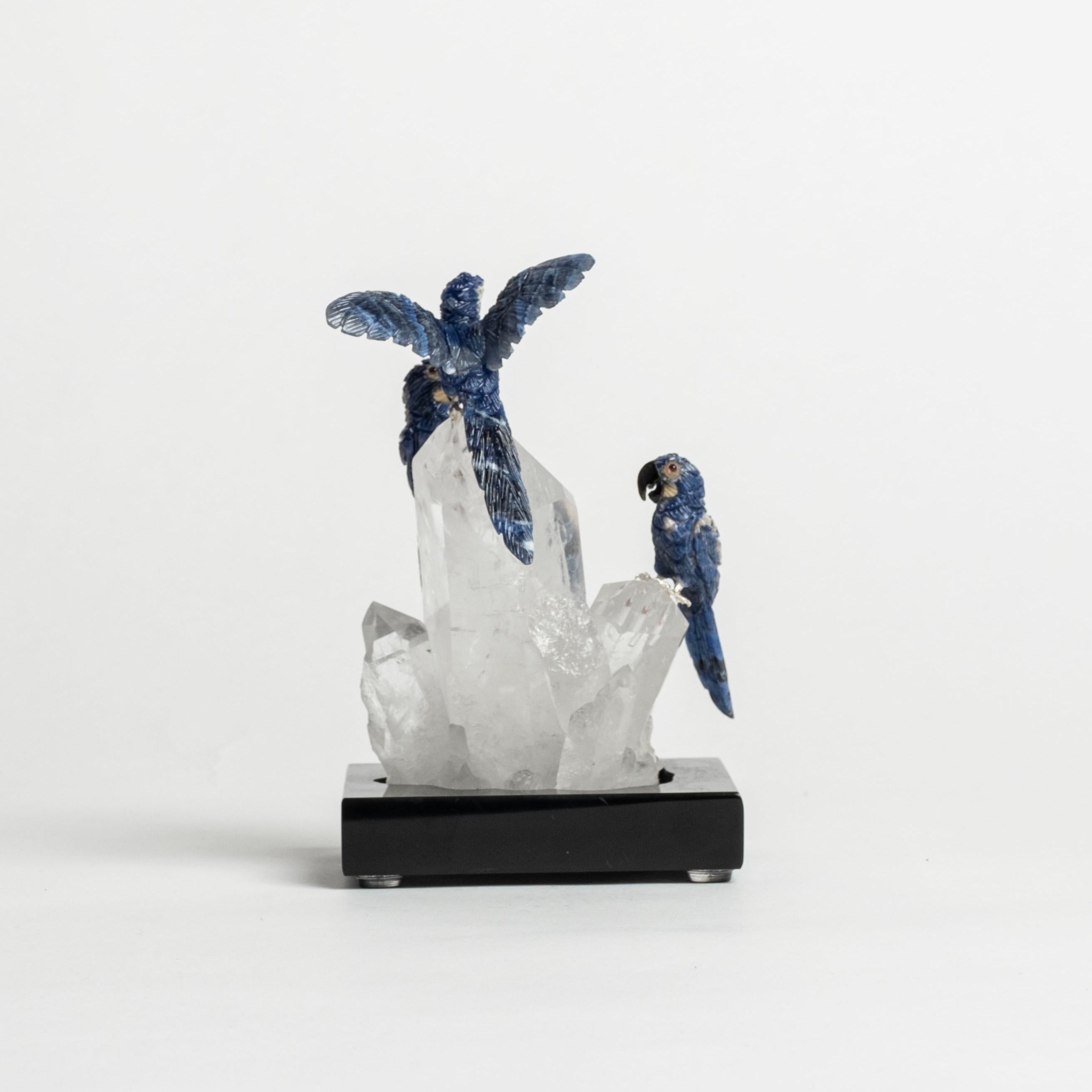 Hand-Carved Trio Lapis Lazuli Parrots on Quartz Base For Sale